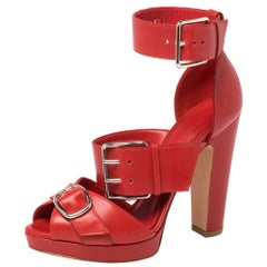 Alexander McQueen Red Leather Buckle Strappy Platform Sandals Size 41