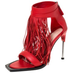 Alexander McQueen Red Leather Fringe Detail Sandals Size 38.5
