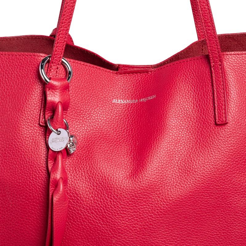 Alexander McQueen Red Leather Skull Charm Shopper Tote 4