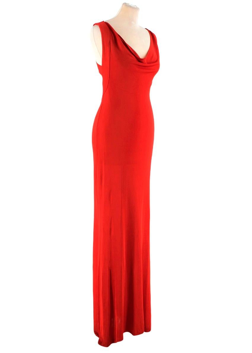 Alexander McQueen Red Lightweight Knit Long Dress.

- Vibrant red colour, soft knit.
- Sleeveless with a cowl neckline
- Cross over back straps
- Floor length
- Body 100%  viscose / lining 65% acetate, 35% nylon

Please note that this dress is