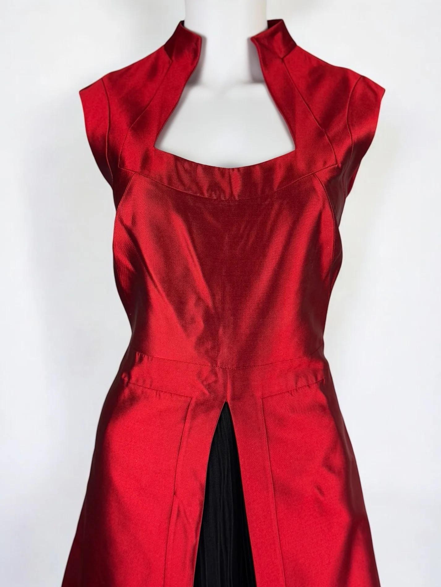 Women's or Men's Alexander McQueen Red Mikado Silk Dress with Tulle, 2007 For Sale