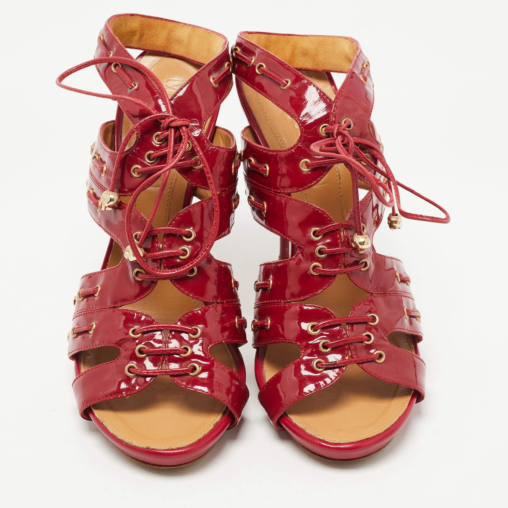 Brown Alexander McQueen Red Patent Leather Lace Up Ankle Strap Sandals Size 39 For Sale