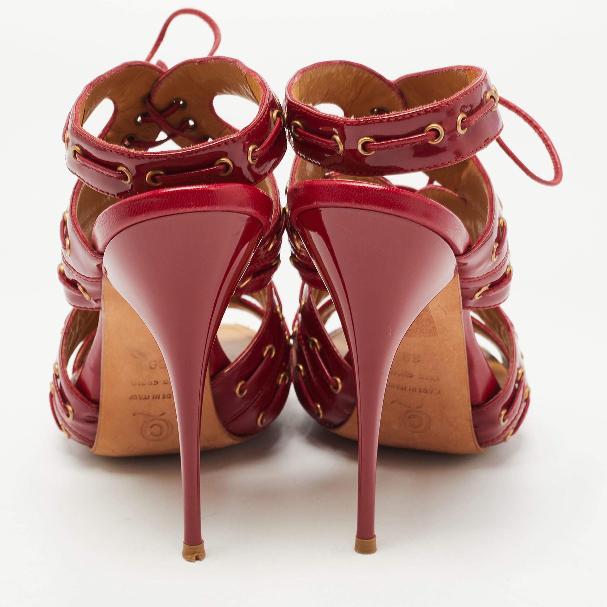 Women's Alexander McQueen Red Patent Leather Lace Up Ankle Strap Sandals Size 39 For Sale