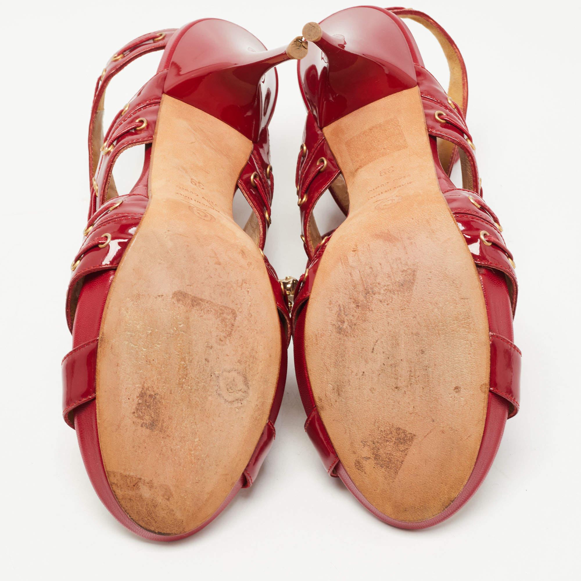 Alexander McQueen Red Patent Leather Lace Up Ankle Strap Sandals Size 39 For Sale 1