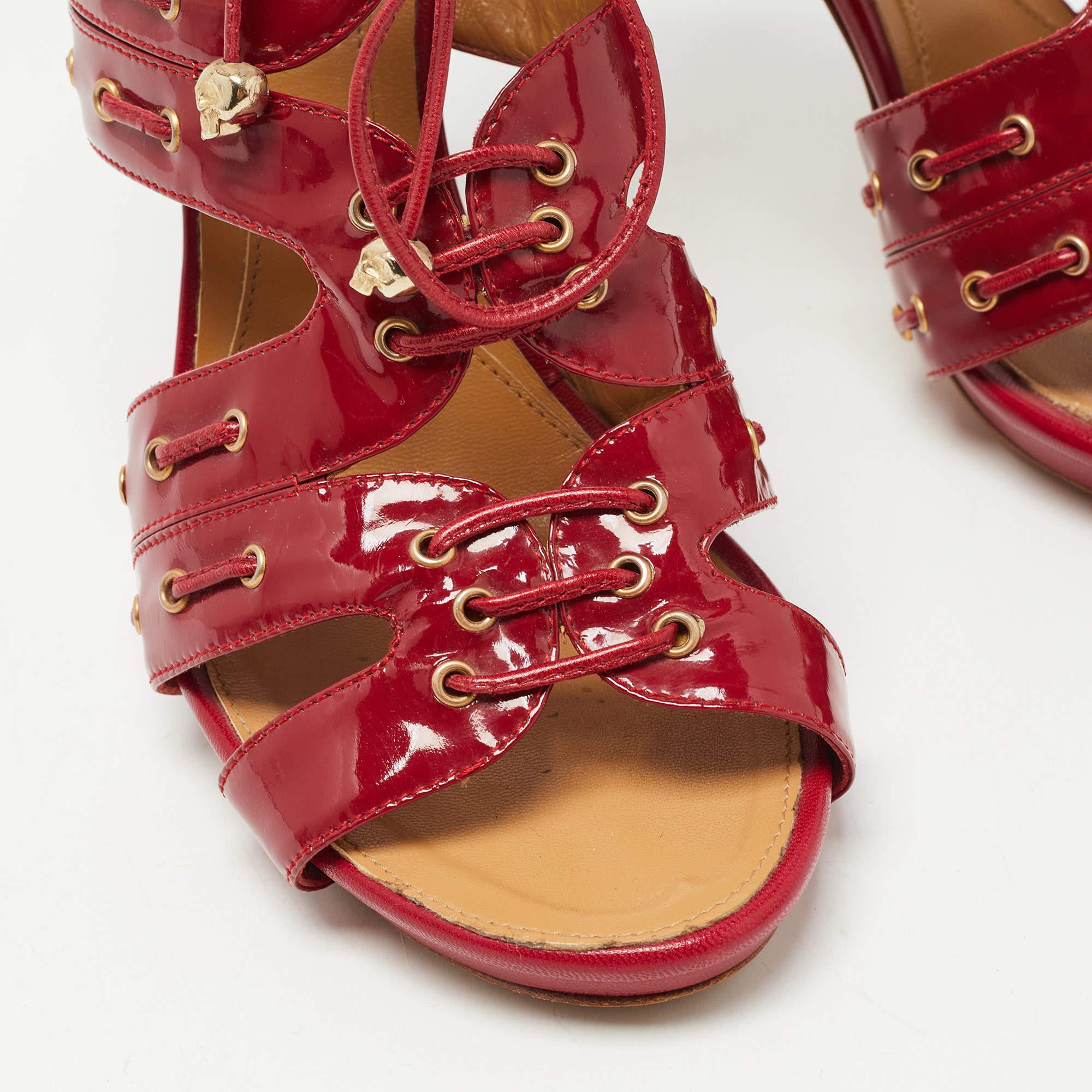 Alexander McQueen Red Patent Leather Lace Up Ankle Strap Sandals Size 39 For Sale 2