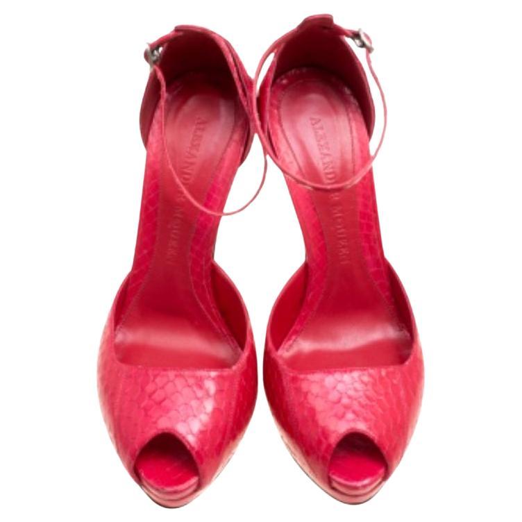 Rouge Alexander McQueen - Sandales à plateforme en python rouge avec courroie de cheville - Taille 40 en vente