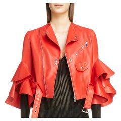 Alexander McQueen - Veste de motard en cuir d'agneau rouge à volants