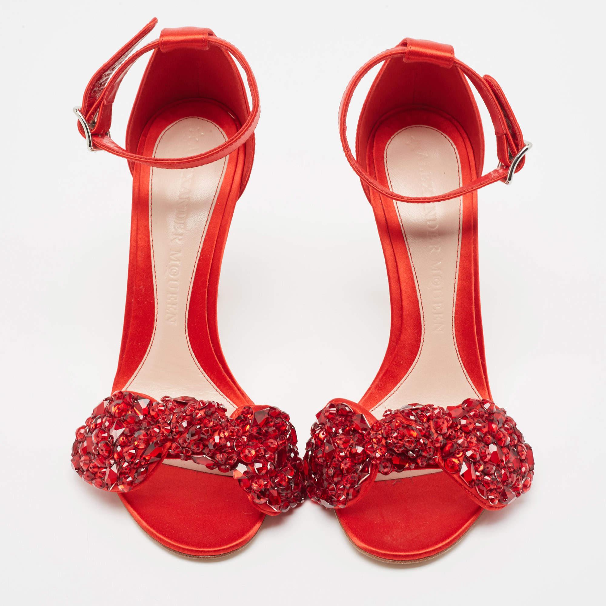 Alexander McQueen Red Satin Embellished Jewel Bow Ankle Strap Sandals Size 37 1