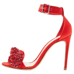 Alexander McQueen Red Satin Embellished Jewel Bow Ankle Strap Sandals Size 37