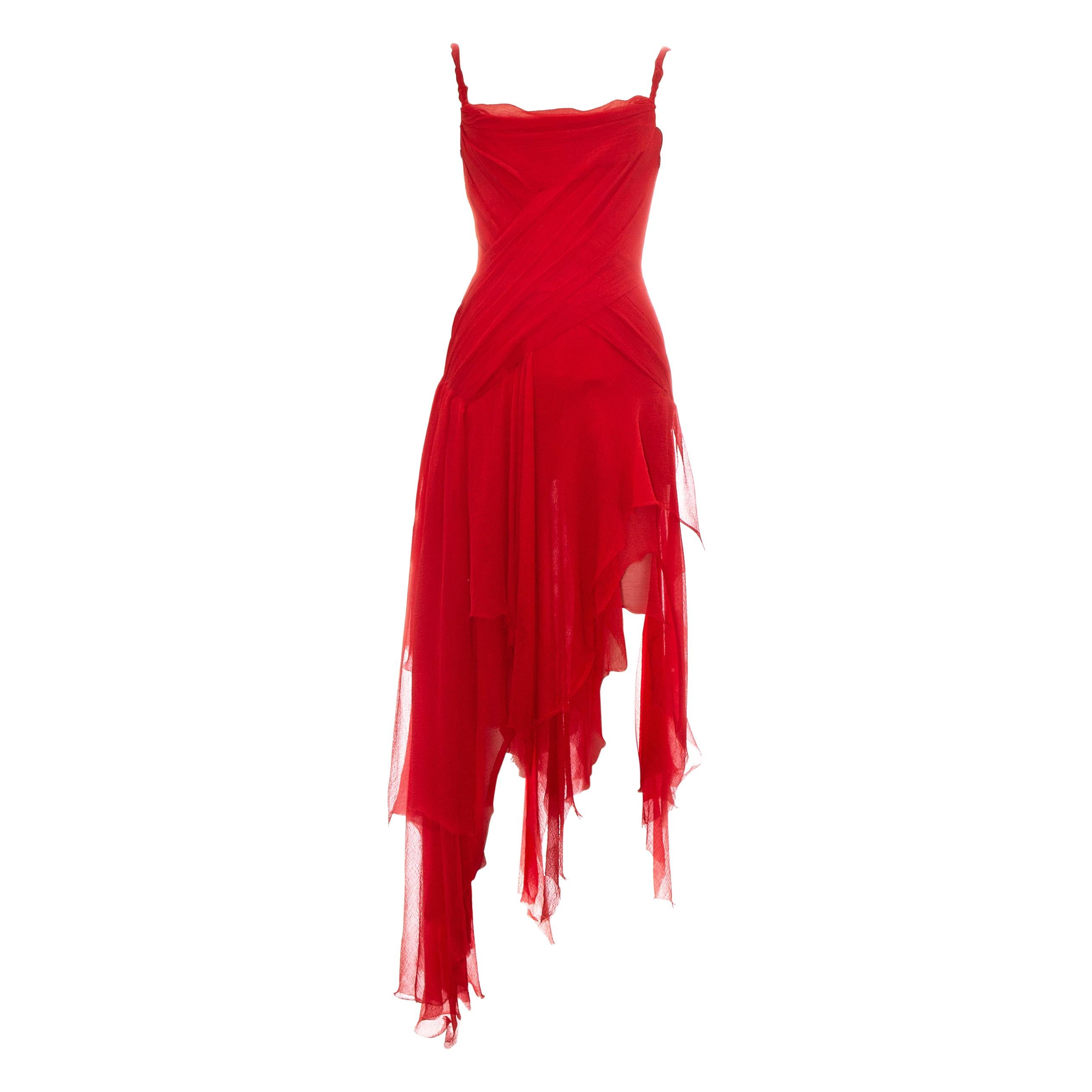 Alexander McQueen red silk chiffon corseted evening dress, ss 2003