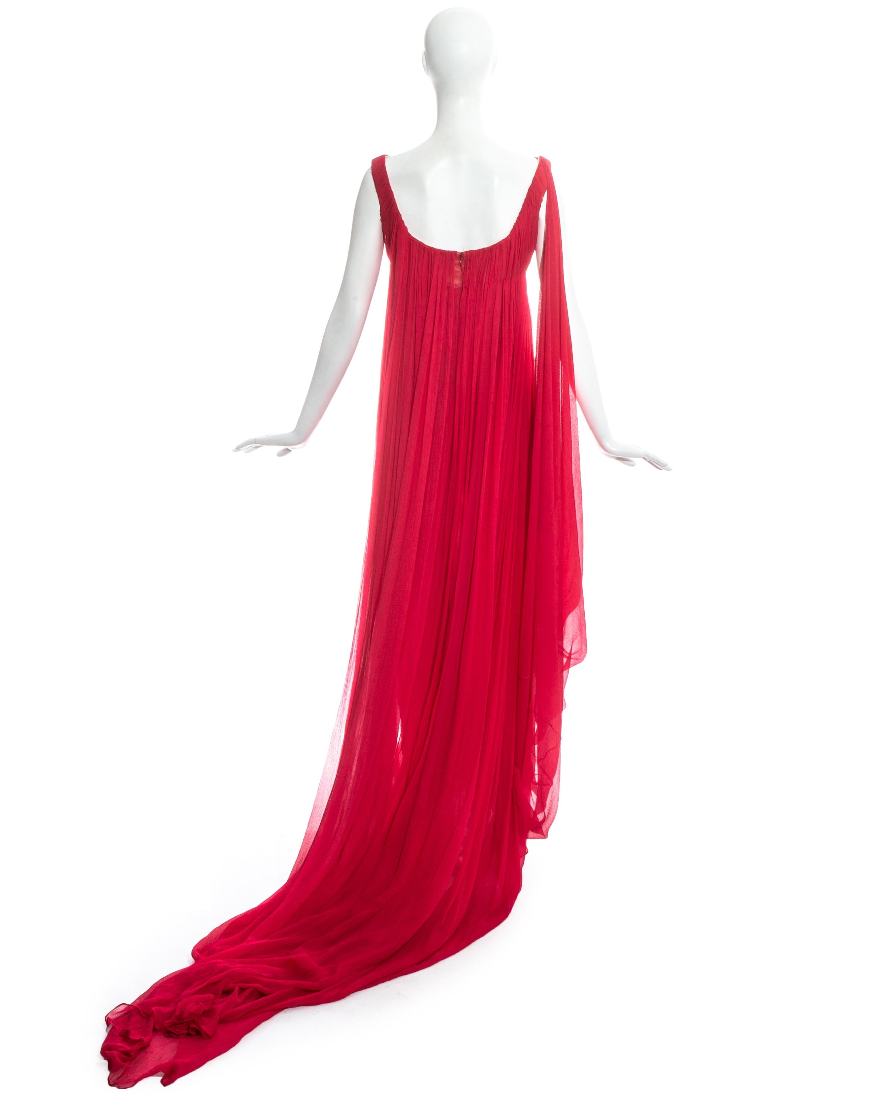 Red Alexander McQueen red silk chiffon empire evening dress with train, fw 2008 For Sale