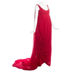 Vintage Alexander McQueen red silk chiffon empire evening dress with train, fw 2008