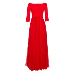 Alexander McQueen Red Silk & Knit Flared Off Shoulder Maxi Dress M