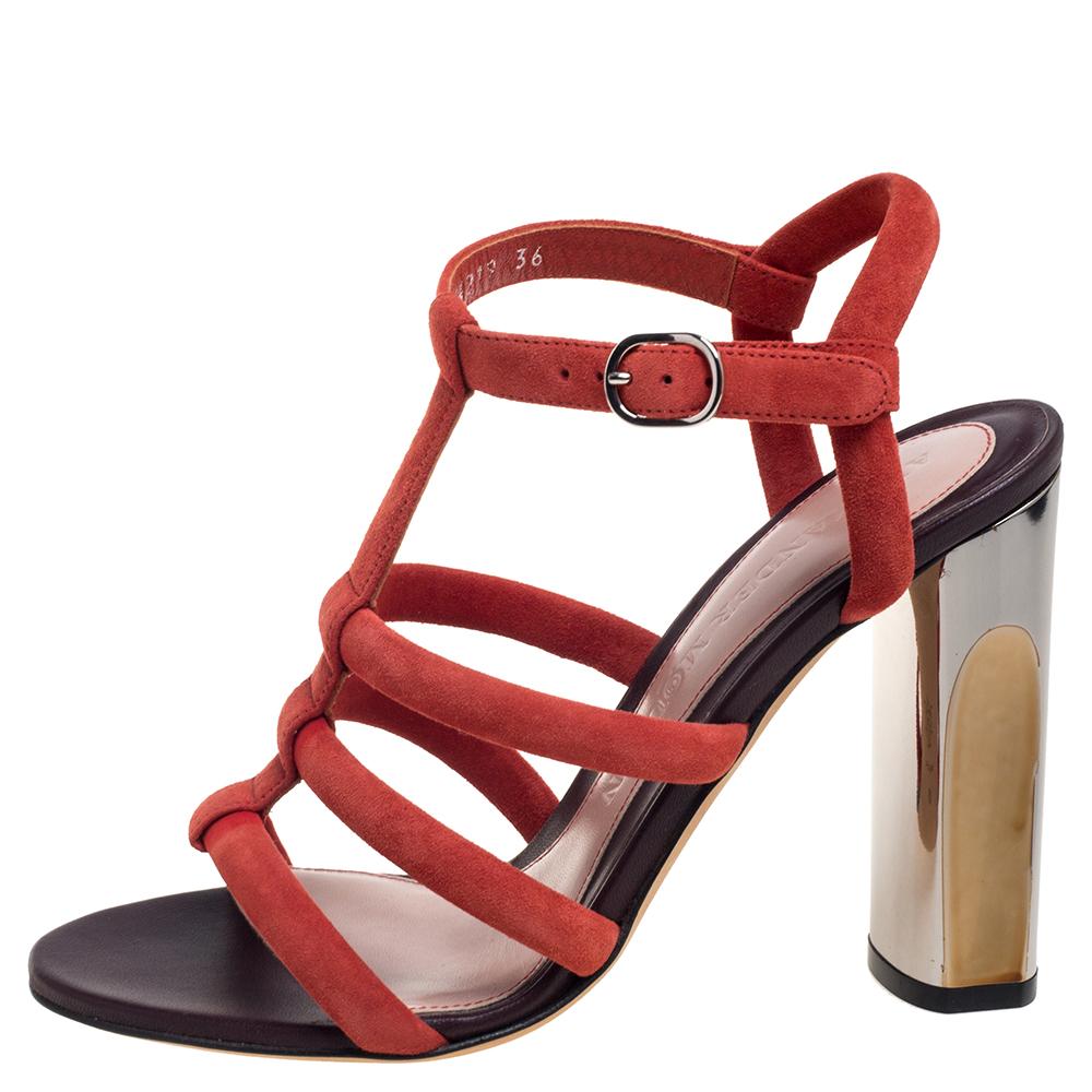 Women's Alexander McQueen Red Suede Block Heel Strappy Sandals Size 36
