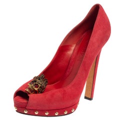 Alexander McQueen Red Suede Crystal Skull Peep Toe Platform Pumps Size 39