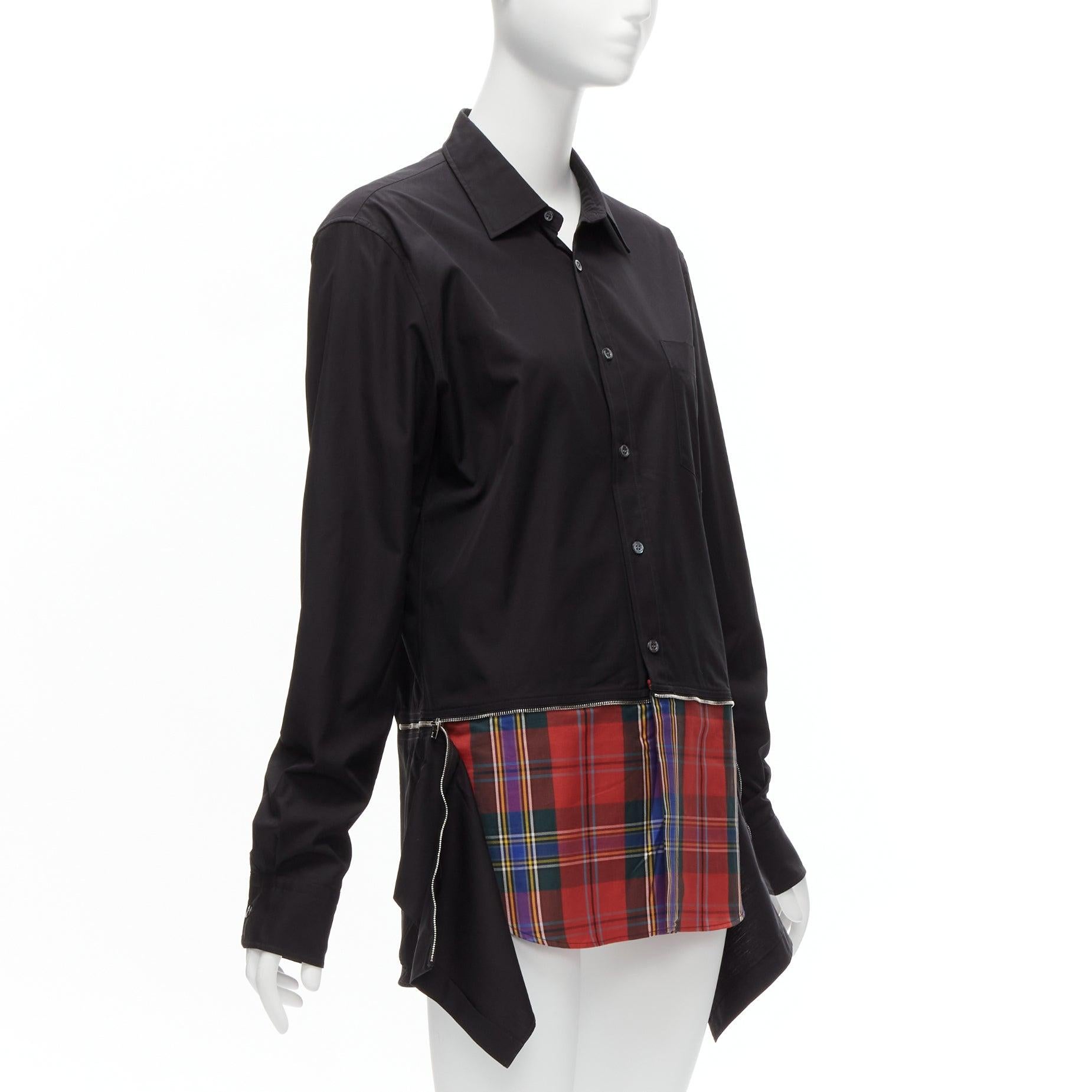 ALEXANDER MCQUEEN red tartan zip detach hem black cotton shirt Sz.15 L In Excellent Condition In Hong Kong, NT