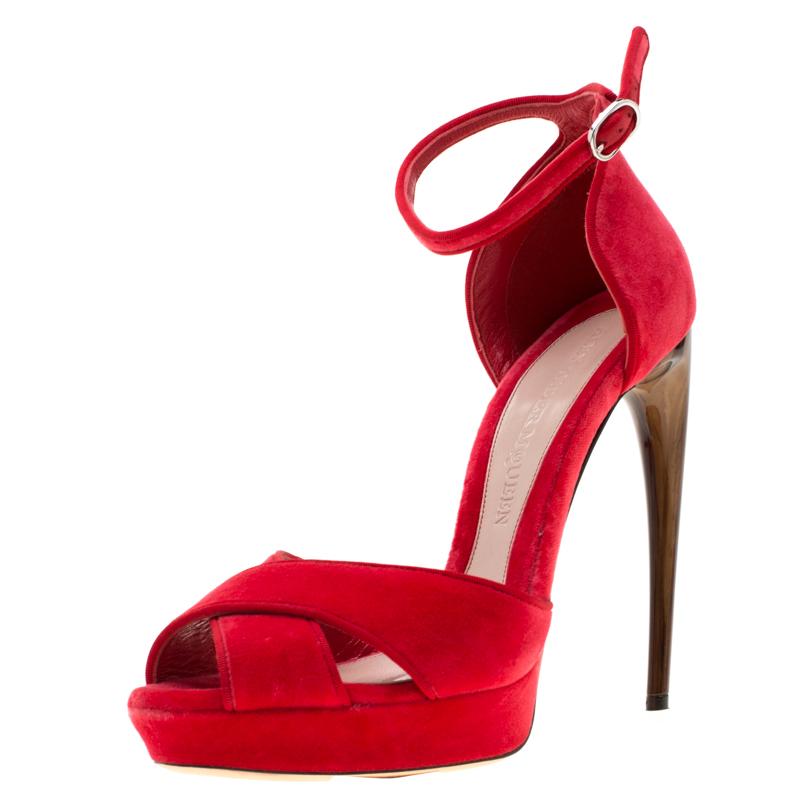 Alexander McQueen Red Velvet Ankle Strap Platfrom Sandals Size 40 1
