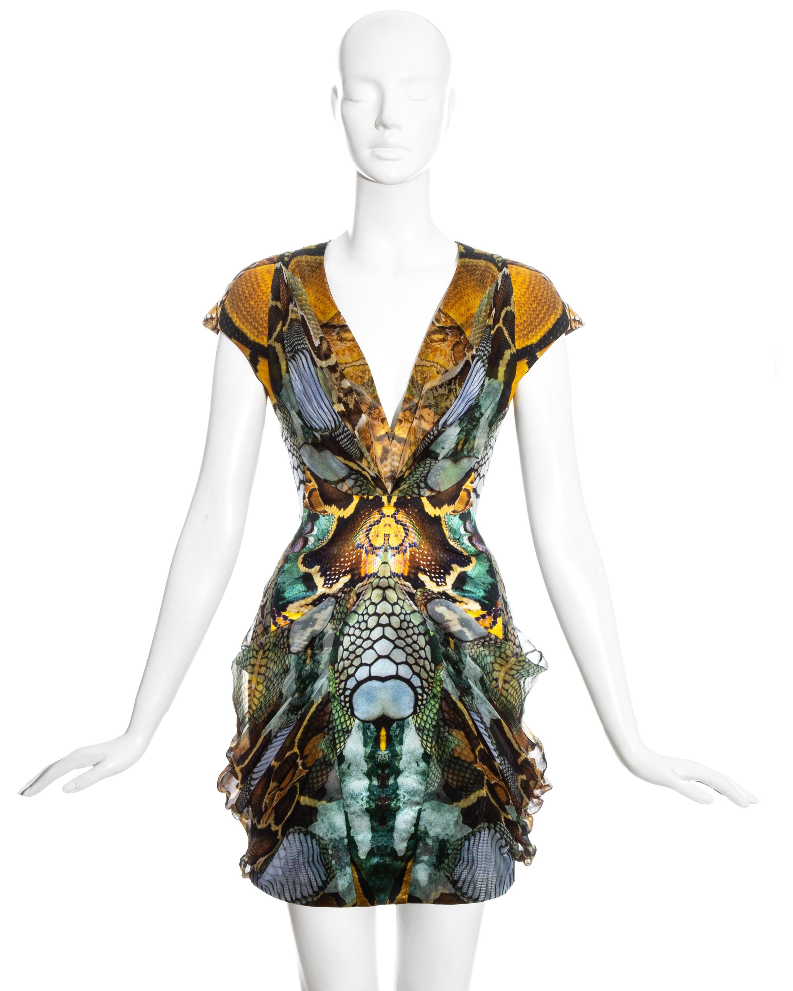 Alexander McQueen reptile print satin 'Plato's Atlantis' mini dress, rounded satin cap sleeves and organza draped overlay.

Spring-Summer 2010