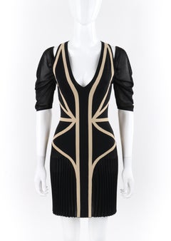 ALEXANDER McQUEEN Resort 2009 Black Beige Mesh Pleated Cold Shoulder Knit Dress