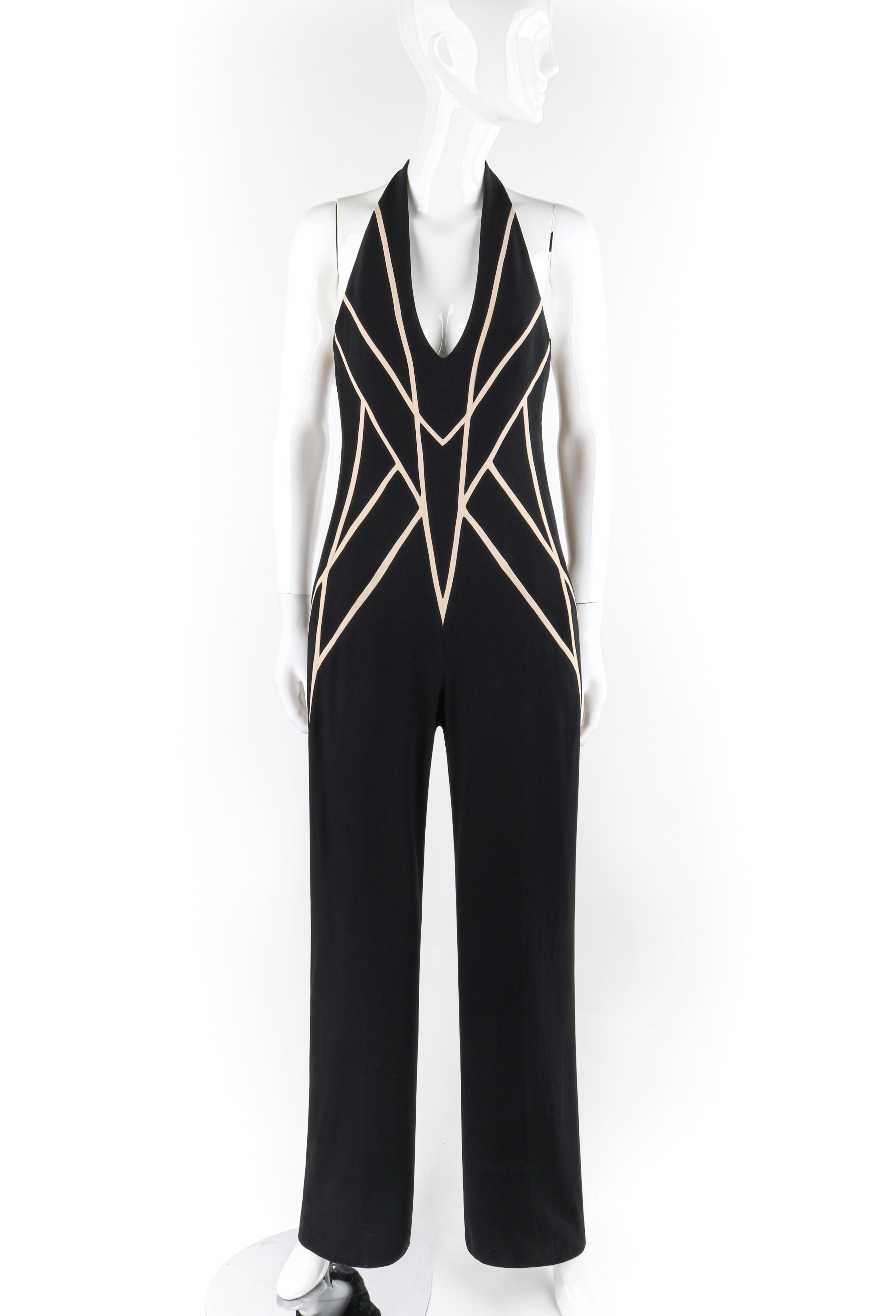 ALEXANDER McQUEEN Resort 2009 Geometric Design Black Halter Neck Wide Leg Jumpsuit
 
Brand / Manufacturer: Alexander McQueen
Collection: Resort 2009
Style: Jumpsuit
Color(s): Shades of black, off white
Lined: Yes
Marked Fabric Content: 50% acetate,