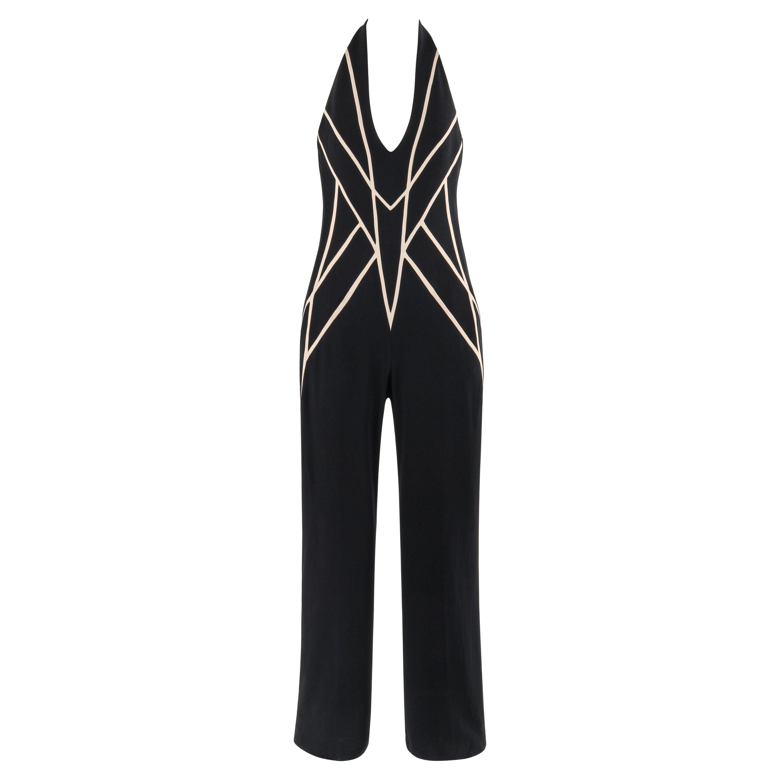 ALEXANDER McQUEEN Resort 2009 Geometrischer schwarzer Jumpsuit mit Neckholder-Ausschnitt und weitem Bein