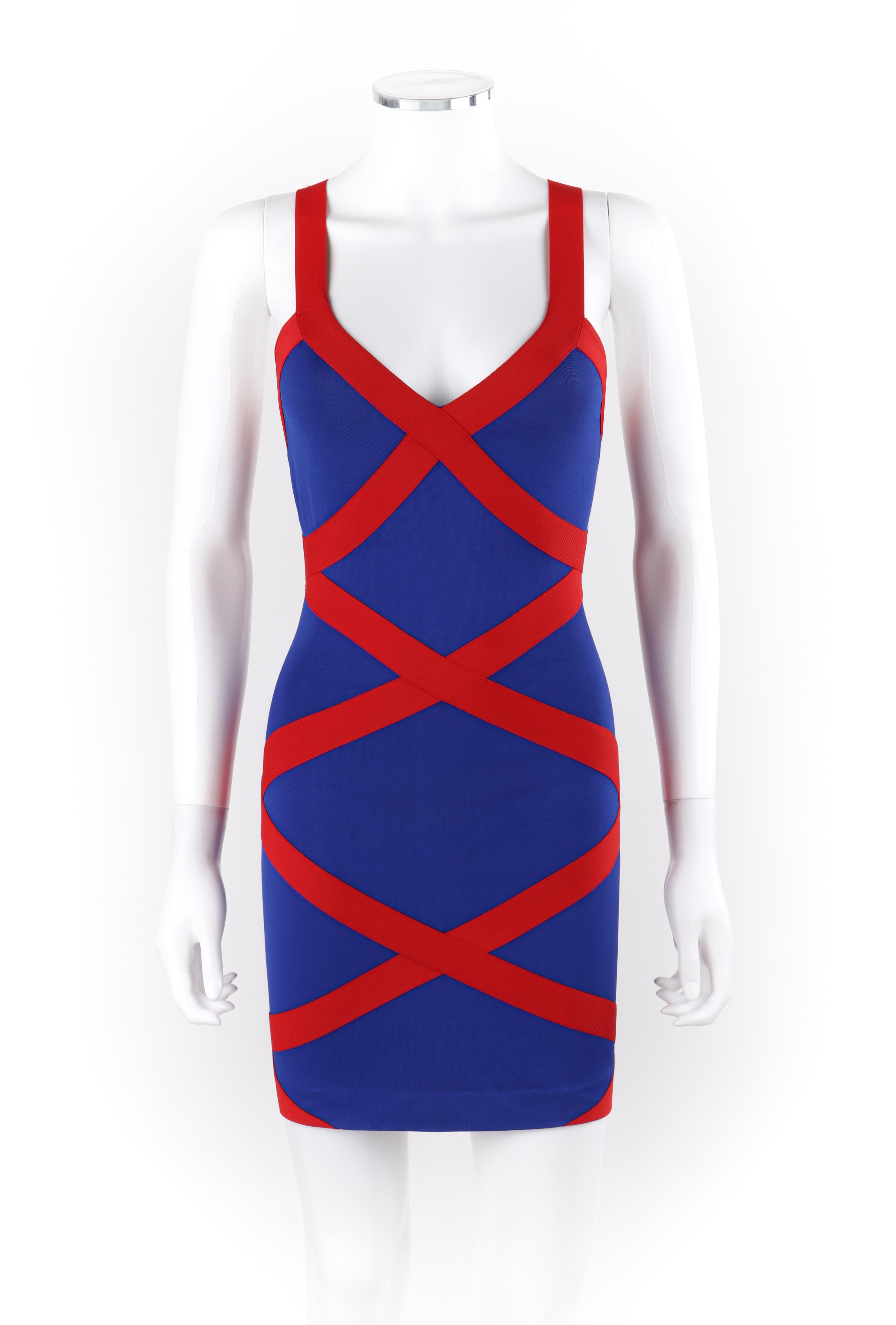 ALEXANDER McQUEEN Resort 2010 Blue Red Criss-Cross Bandage V-Neck Bodycon Dress
 
Brand / Manufacturer: Alexander McQueen 
Collection: Resort 2010
Designer: Alexander McQueen
Style: Bandage bodycon dress
Color(s): Blue, red
Lined: No
Unmarked Fabric