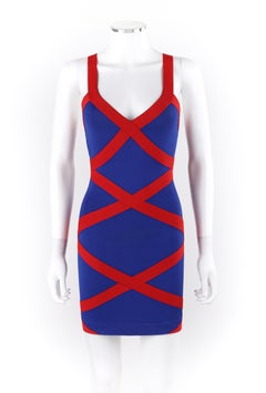 ALEXANDER McQUEEN Resort 2010 Blue Red Criss-Cross Bandage V-Neck Bodycon Dress