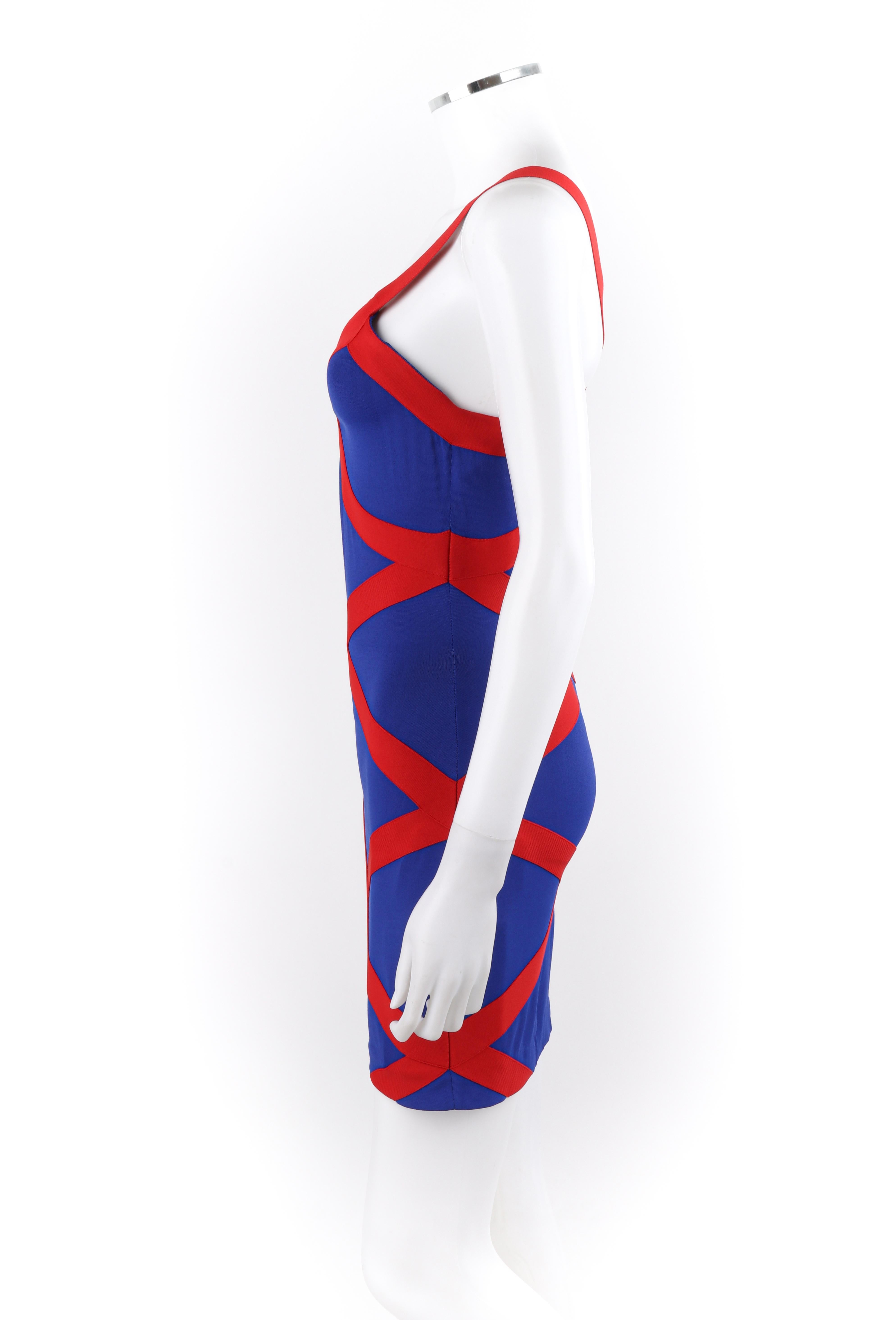 Purple ALEXANDER McQUEEN Resort 2010 Blue Red Criss-Cross Bandage V-Neck Bodycon Dress For Sale