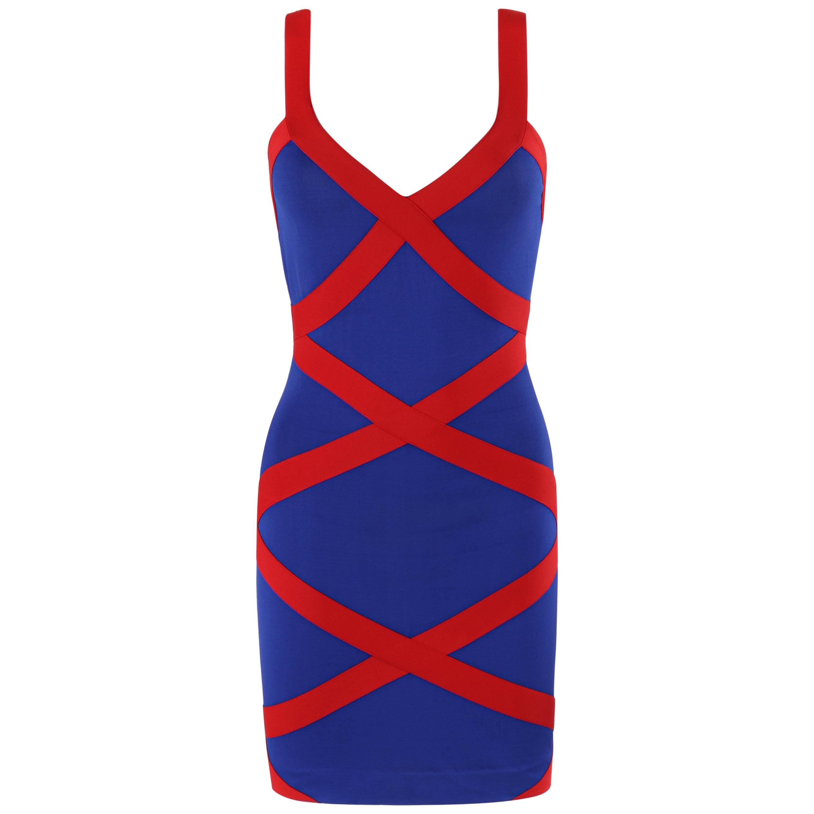 ALEXANDER McQUEEN Resort 2010 Blue Red Criss-Cross Bandage V-Neck Bodycon Dress