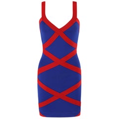 Used ALEXANDER McQUEEN Resort 2010 Blue Red Criss-Cross Bandage V-Neck Bodycon Dress