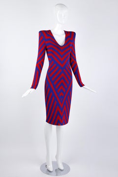 Alexander McQueen Resort 2010 Red Blue Geometric Stripe Op Art Long Sleeve Dress