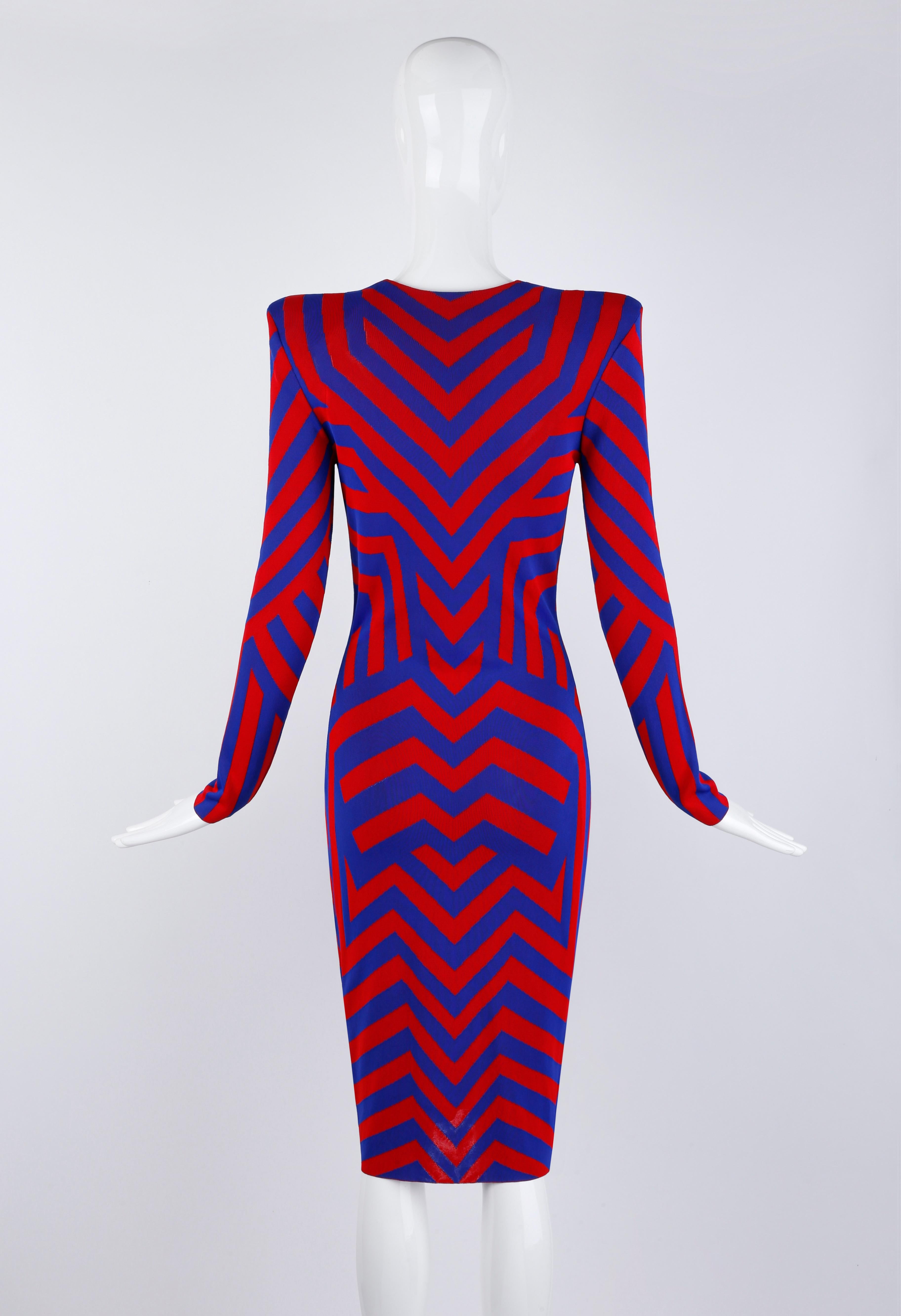 Alexander McQueen Resort 2010 Red Blue Geometric Stripe Op Art Long Sleeve Dress In Good Condition For Sale In Chicago, IL