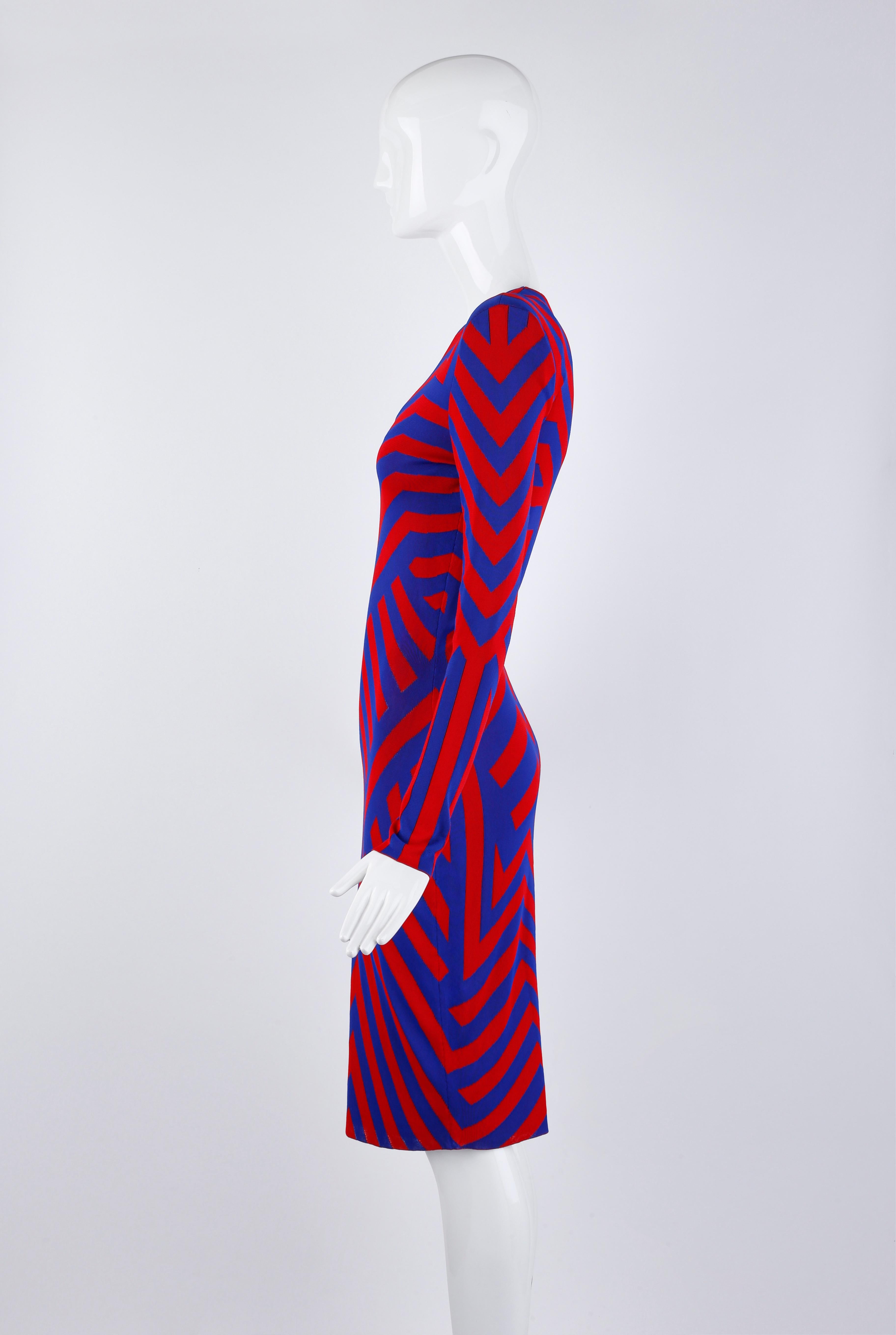 Women's Alexander McQueen Resort 2010 Red Blue Geometric Stripe Op Art Long Sleeve Dress For Sale