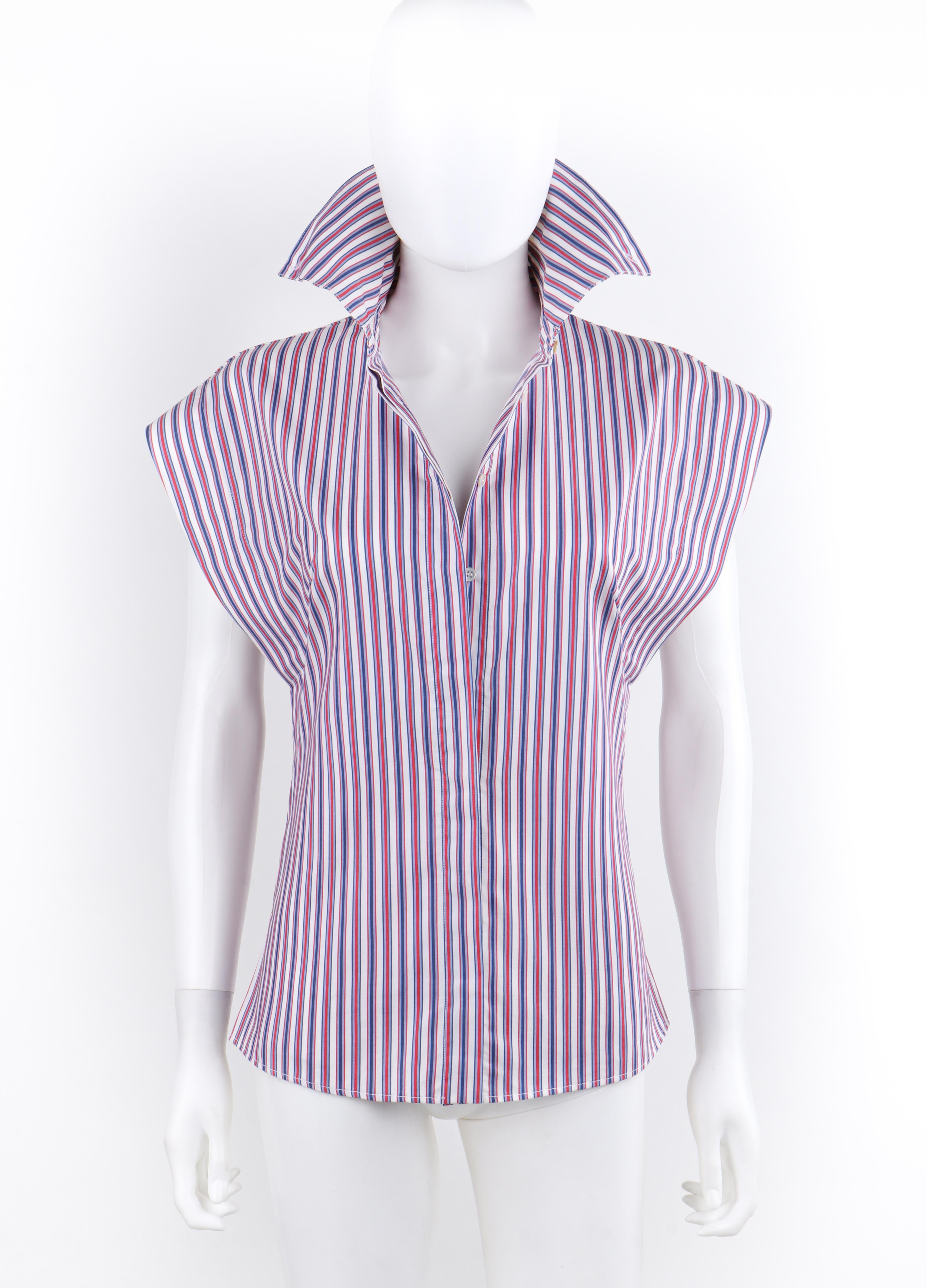 ALEXANDER McQUEEN Resort 2010 Red White Blue High Neck Button Down Blouse Top In Good Condition For Sale In Thiensville, WI