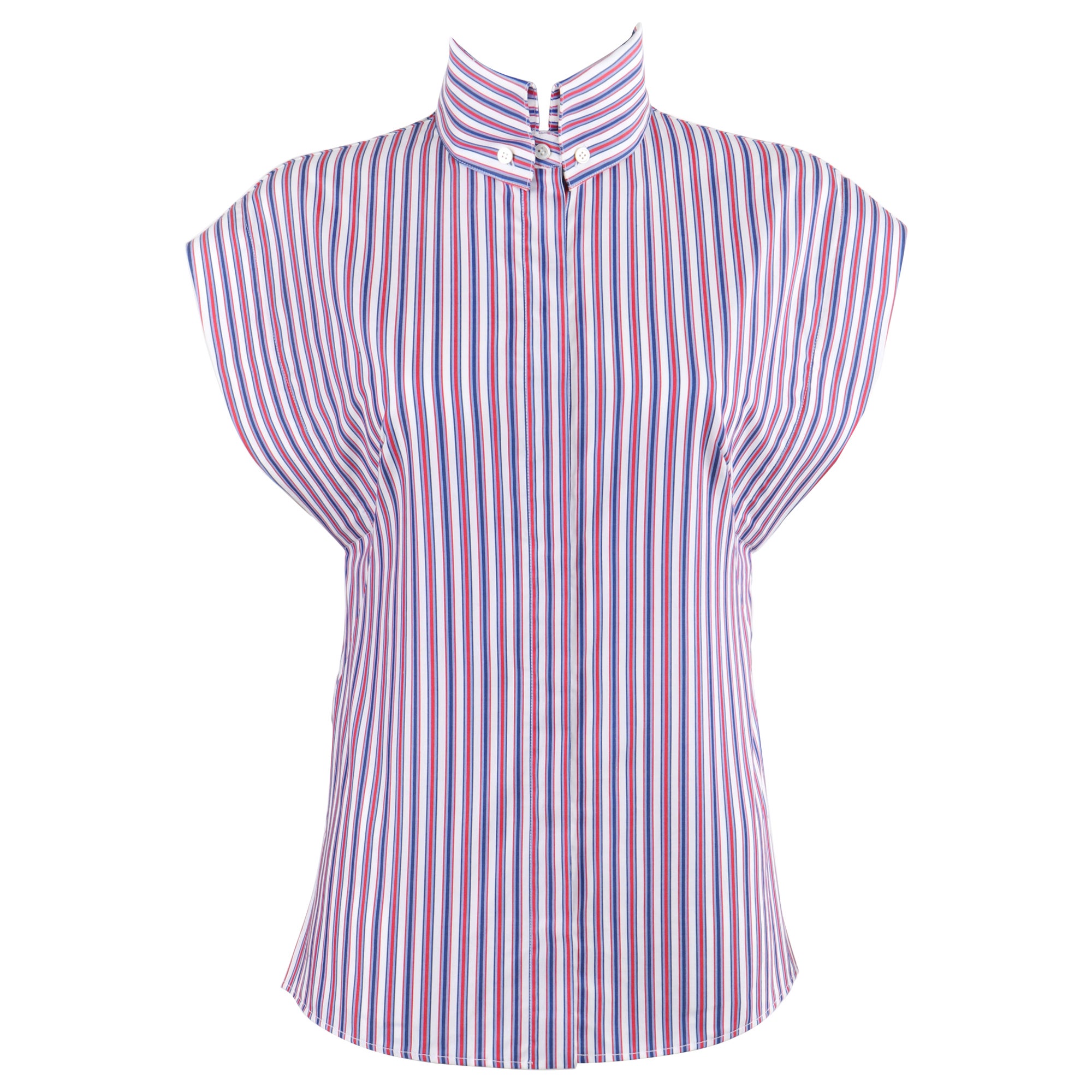 ALEXANDER McQUEEN Resort 2010 Rot Weiß Blaue Bluse mit hohem Ausschnitt und Knopfleiste Top