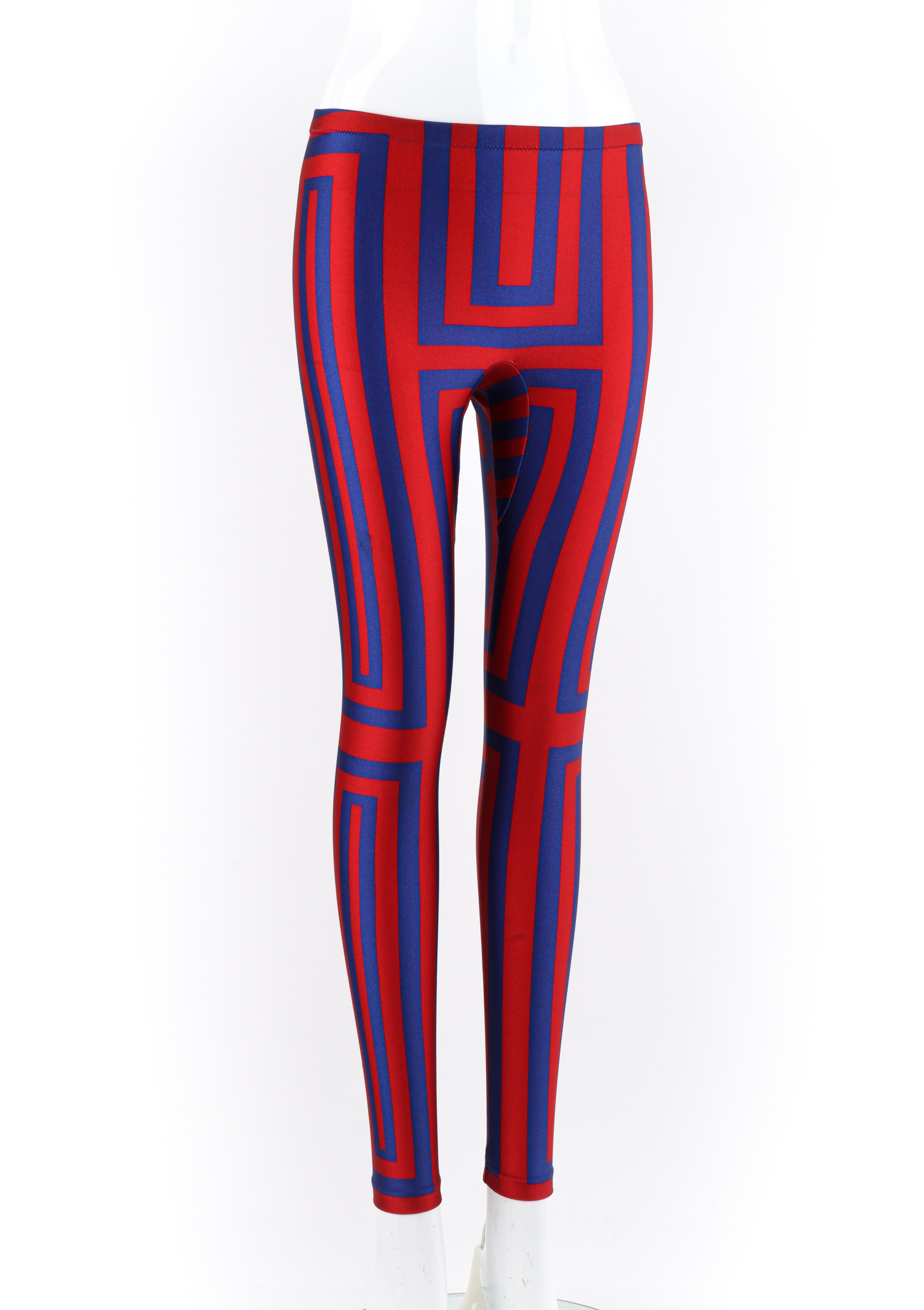 ALEXANDER McQUEEN Resort 2010 Royal Blue & Red Geometric Stripe Legging Pants
 
Brand / Manufacturer: Alexander McQueen
Collection: Resort 2010- Runway look #1
Designer: Alexander McQueen 
Style: Leggings 
Color(s): Royal blue, red
Lined: No
Marked