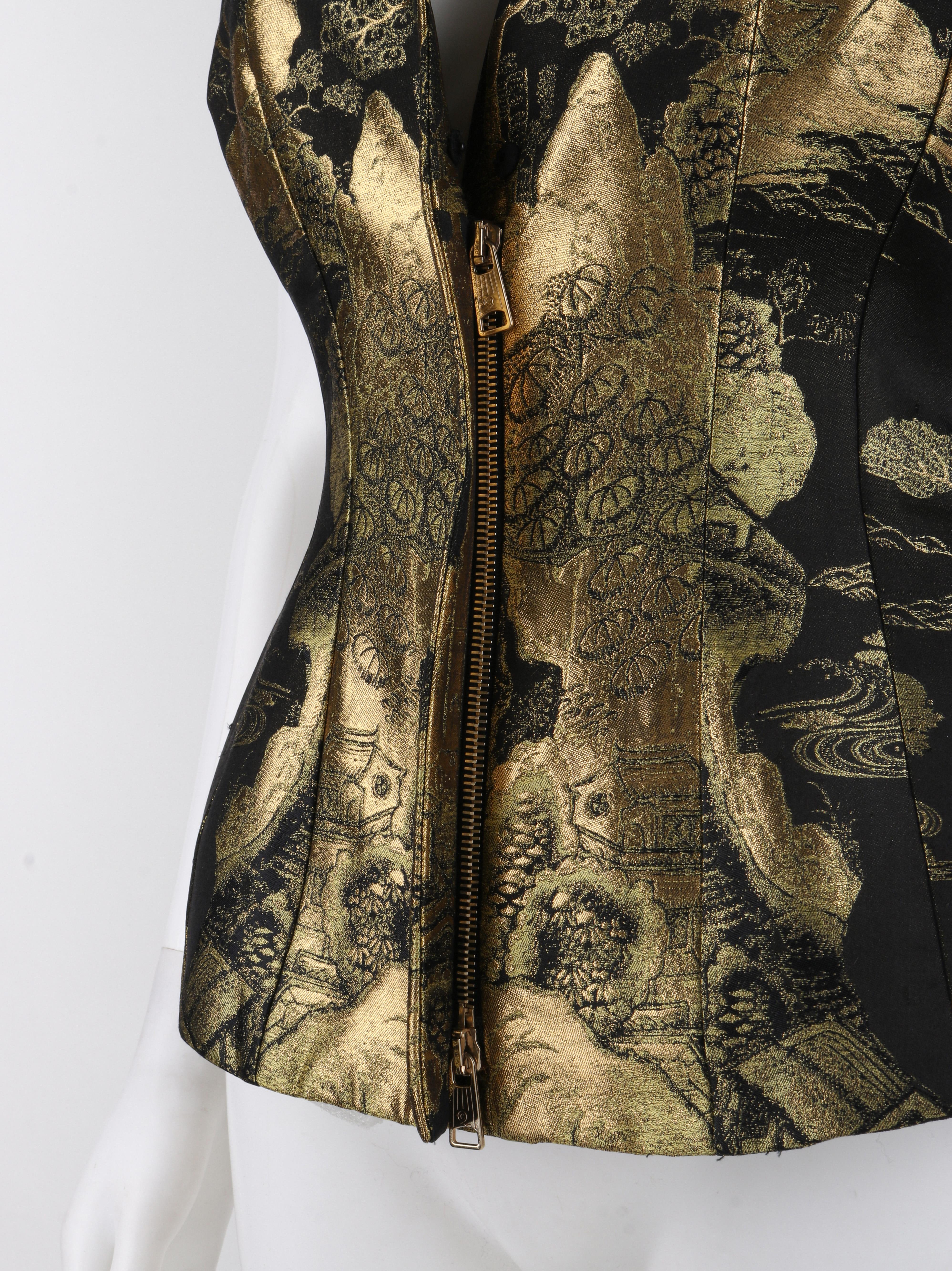 Women's ALEXANDER McQUEEN Resort 2011 Black Gold Brocade Armour Sleeve Zip Up Jacket Top