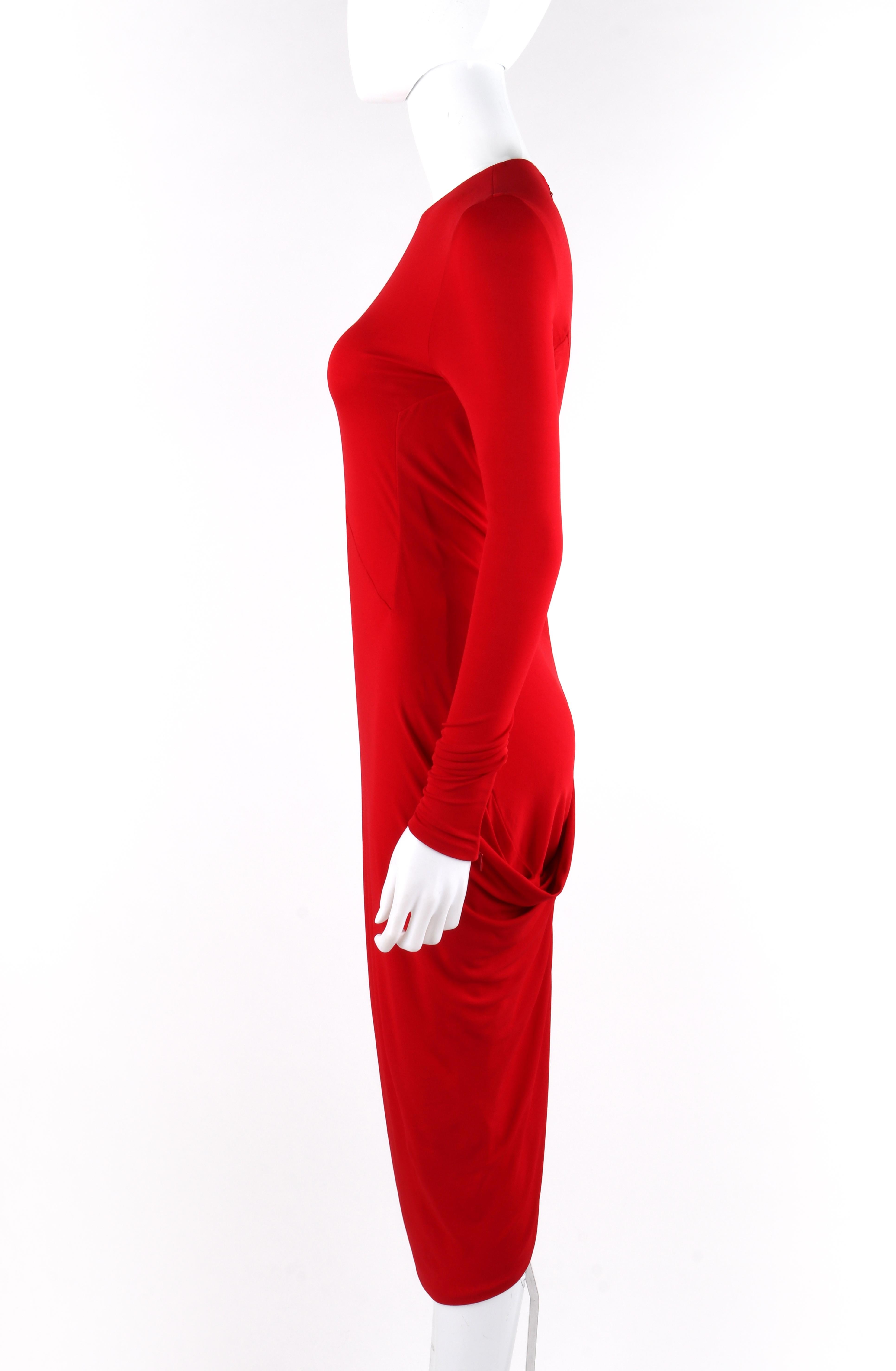 ALEXANDER McQUEEN Resort 2011 Red Long Sleeve Draped Ruched Detail Bodycon Dress In Good Condition In Thiensville, WI