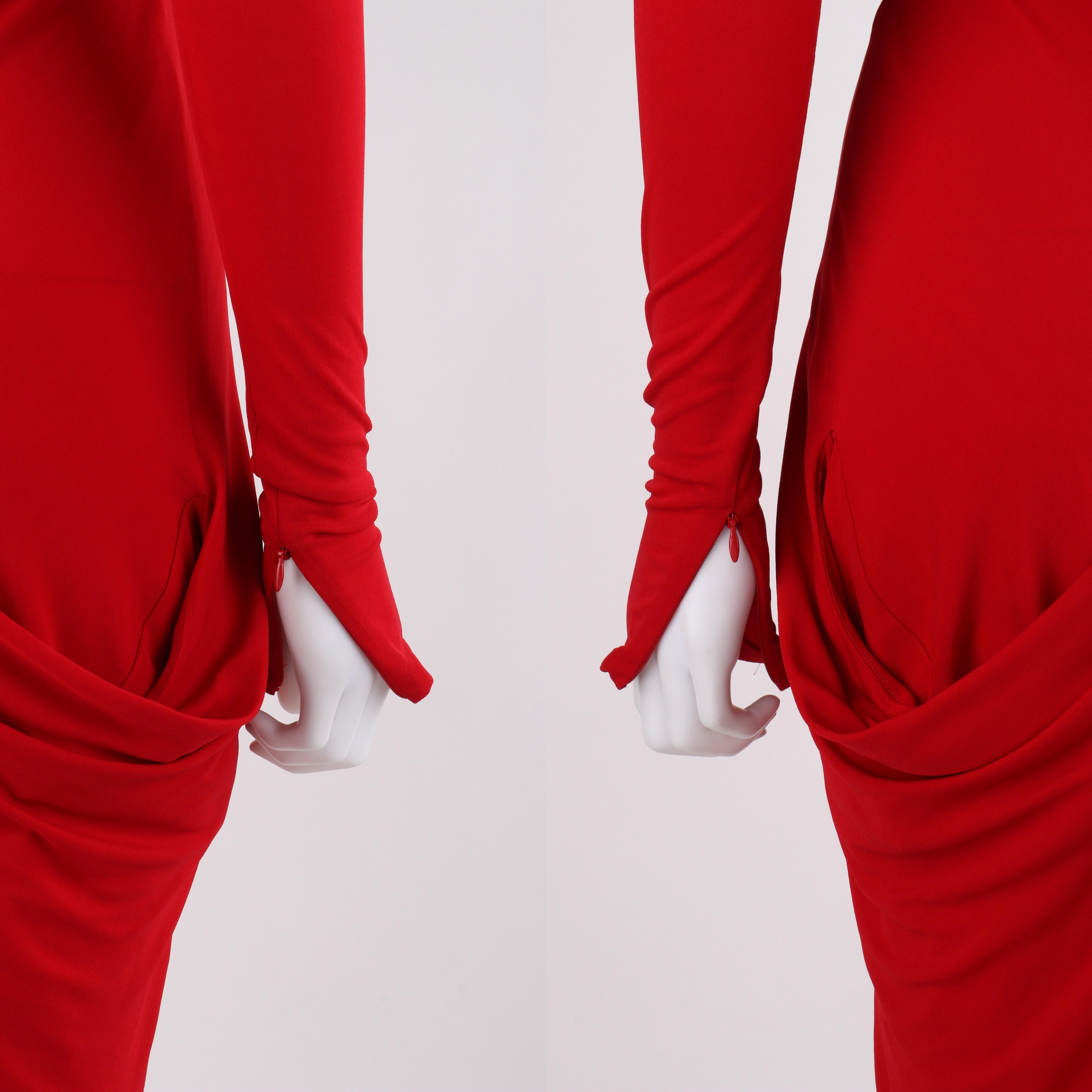 Women's ALEXANDER McQUEEN Resort 2011 Red Long Sleeve Draped Ruched Detail Bodycon Dress