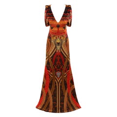 ALEXANDER McQUEEN Resort 2011 Red Multicolor Trompe L'oeil Plunging V-Neck Gown