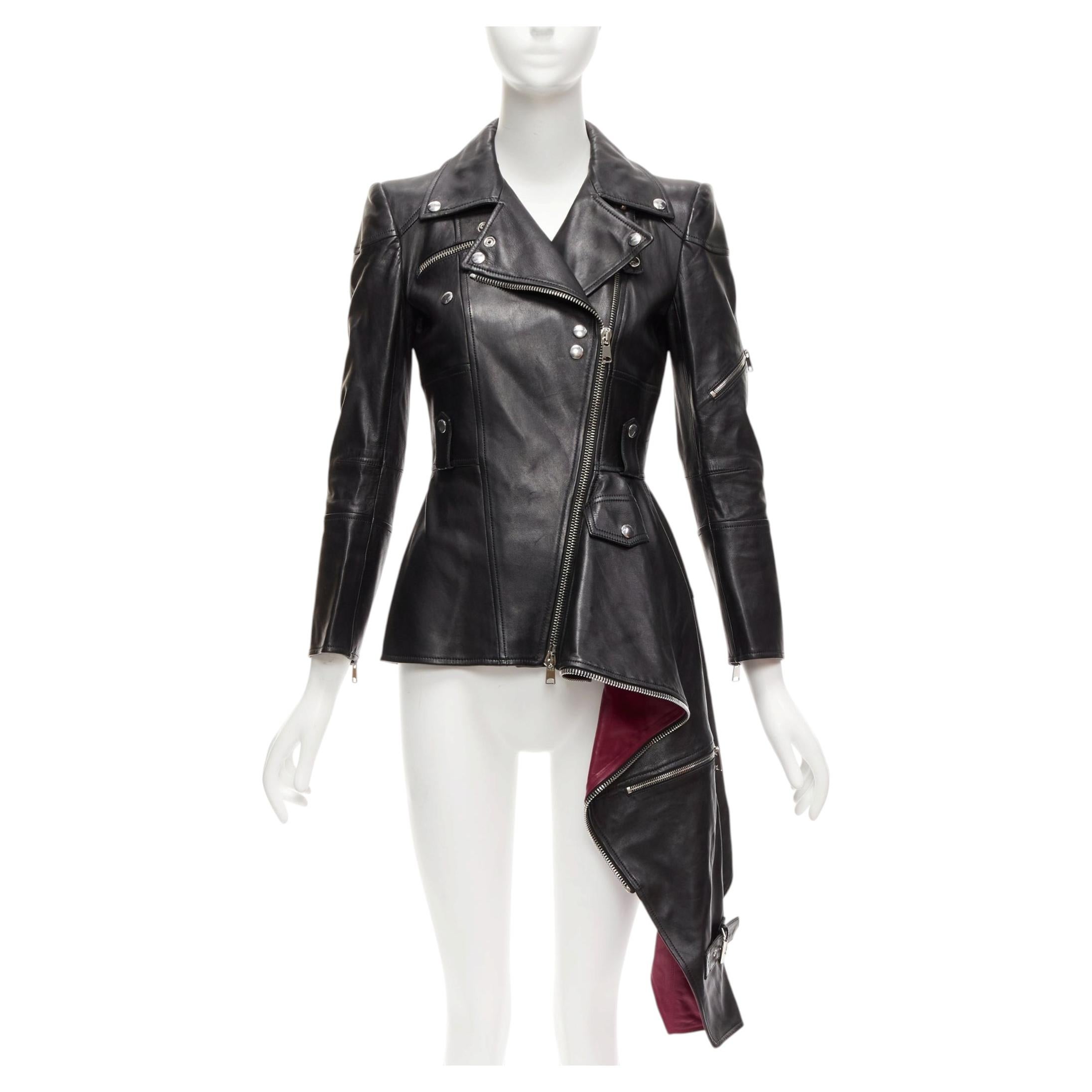 ALEXANDER MCQUEEN Runway black leather zip asymmetric hem biker jacket IT38 XS