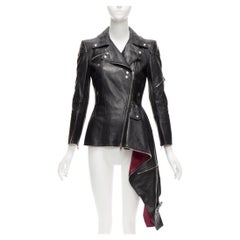 ALEXANDER MCQUEEN Runway black leather zip asymmetric hem biker jacket IT38 XS