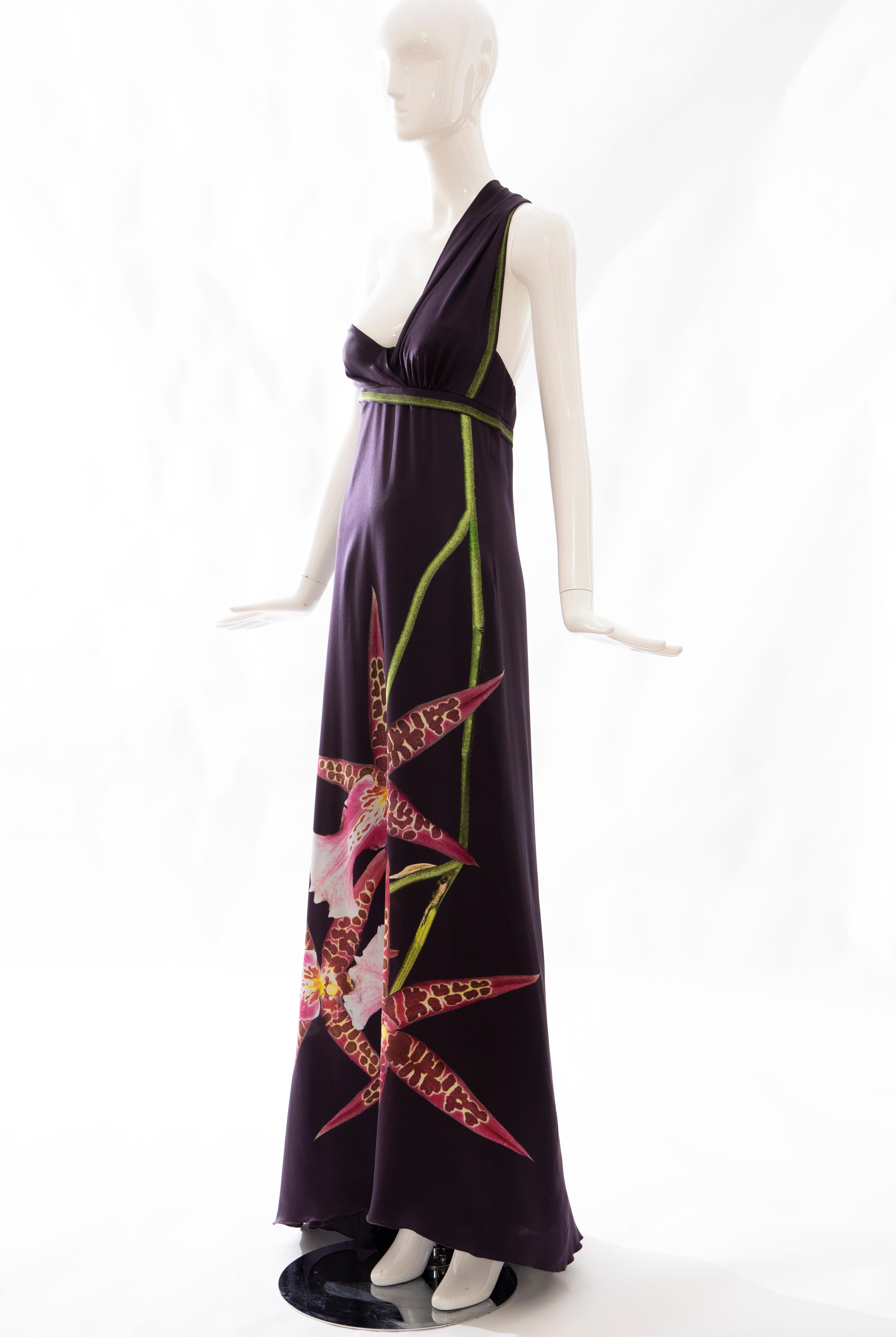 Alexander McQueen Runway Silk Eggplant Printed Orchids Evening Dress, Fall 2004 6