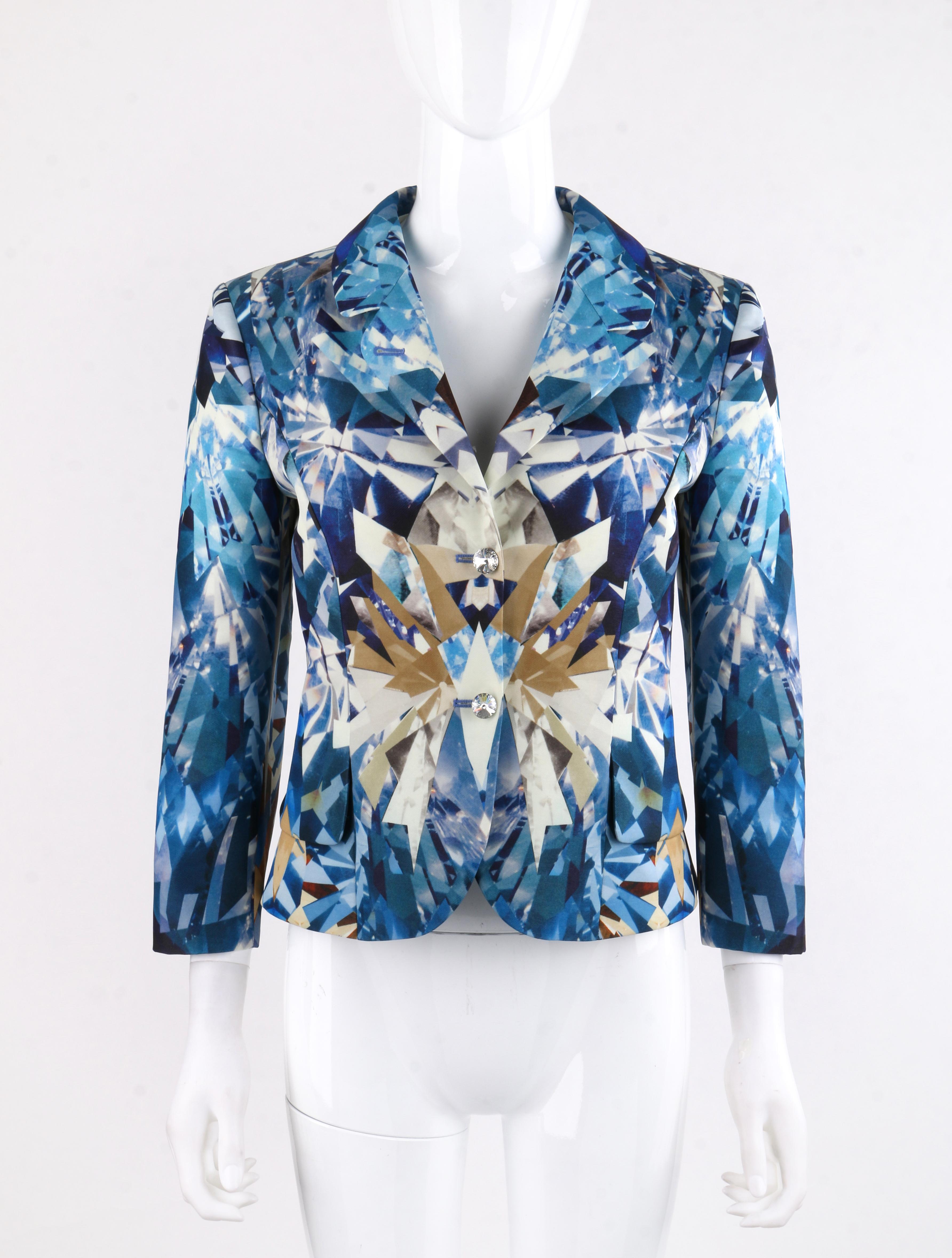 ALEXANDER McQUEEN S/S 2009 Iconic Blue Crystal Kaleidoscope Natural Dis-tinction Blazer  
 
Brand / Manufacturer: Alexander McQueen
Collection: Spring / Summer 2009 
Style: Blazer
Color(s): Shades of blue, grey, tan, beige, grey and black. 
Lined:
