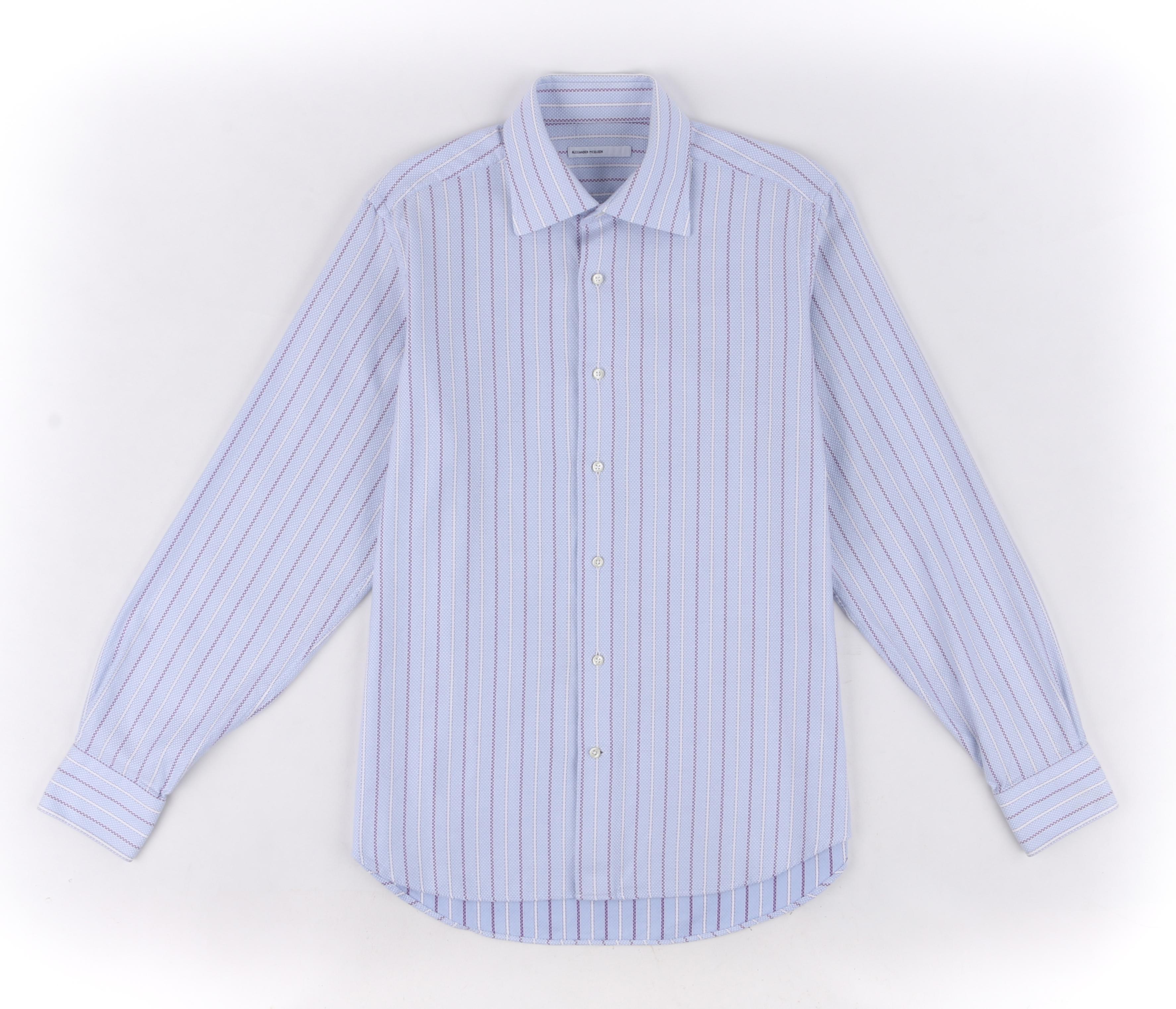 ALEXANDER McQUEEN S/S 1995 Striped Crosshatch Button Front Men's Dress Shirt 
  
Brand / Manufacturer: Alexander McQueen
Collection: S/S 1995
Designer: Alexander McQueen
Style: button front shirt
Color(s): Shades of blue, white, purple 
Lined: