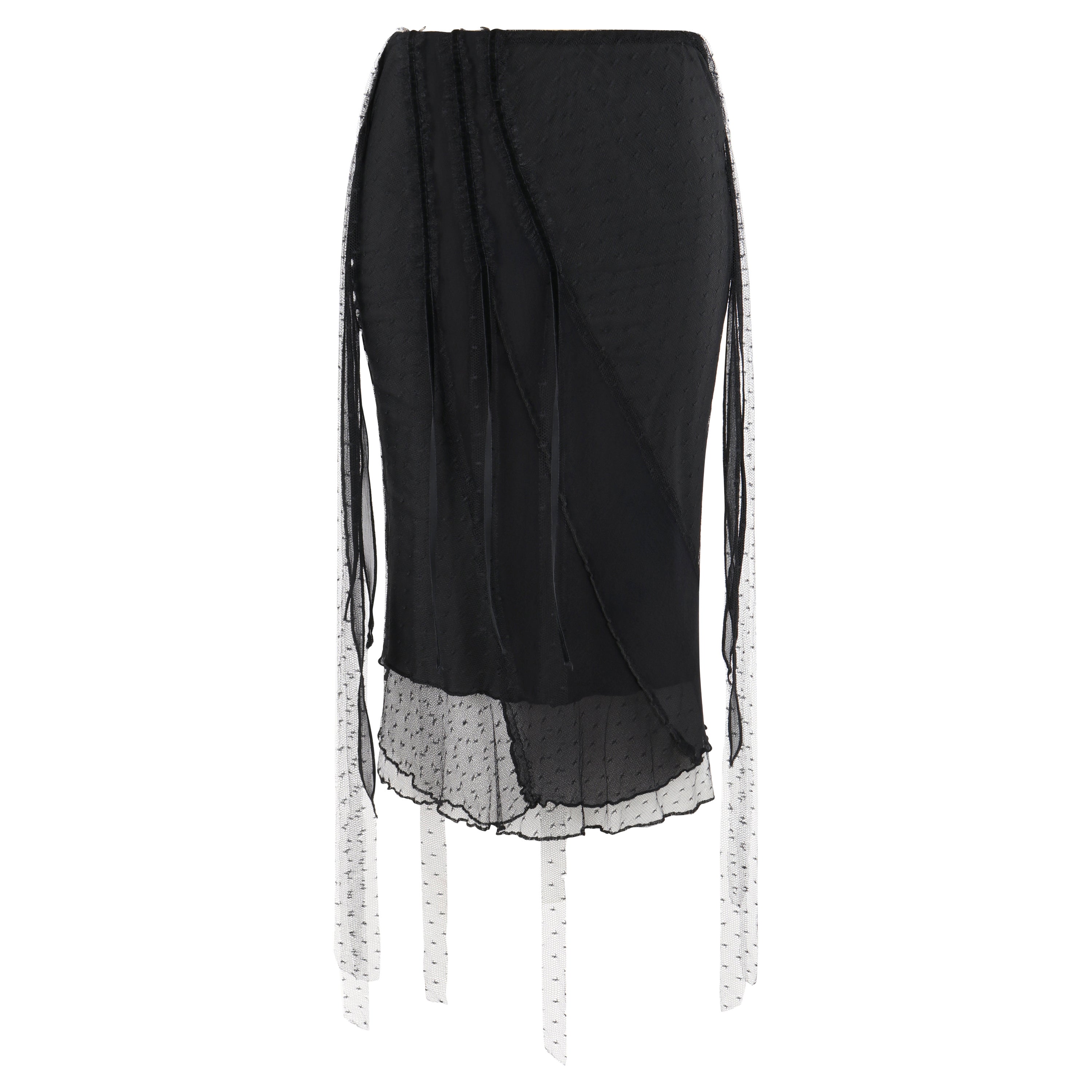 ALEXANDER McQUEEN S/S 1995 "Los pájaros" Falda midi a capas con tira de encaje de seda negra