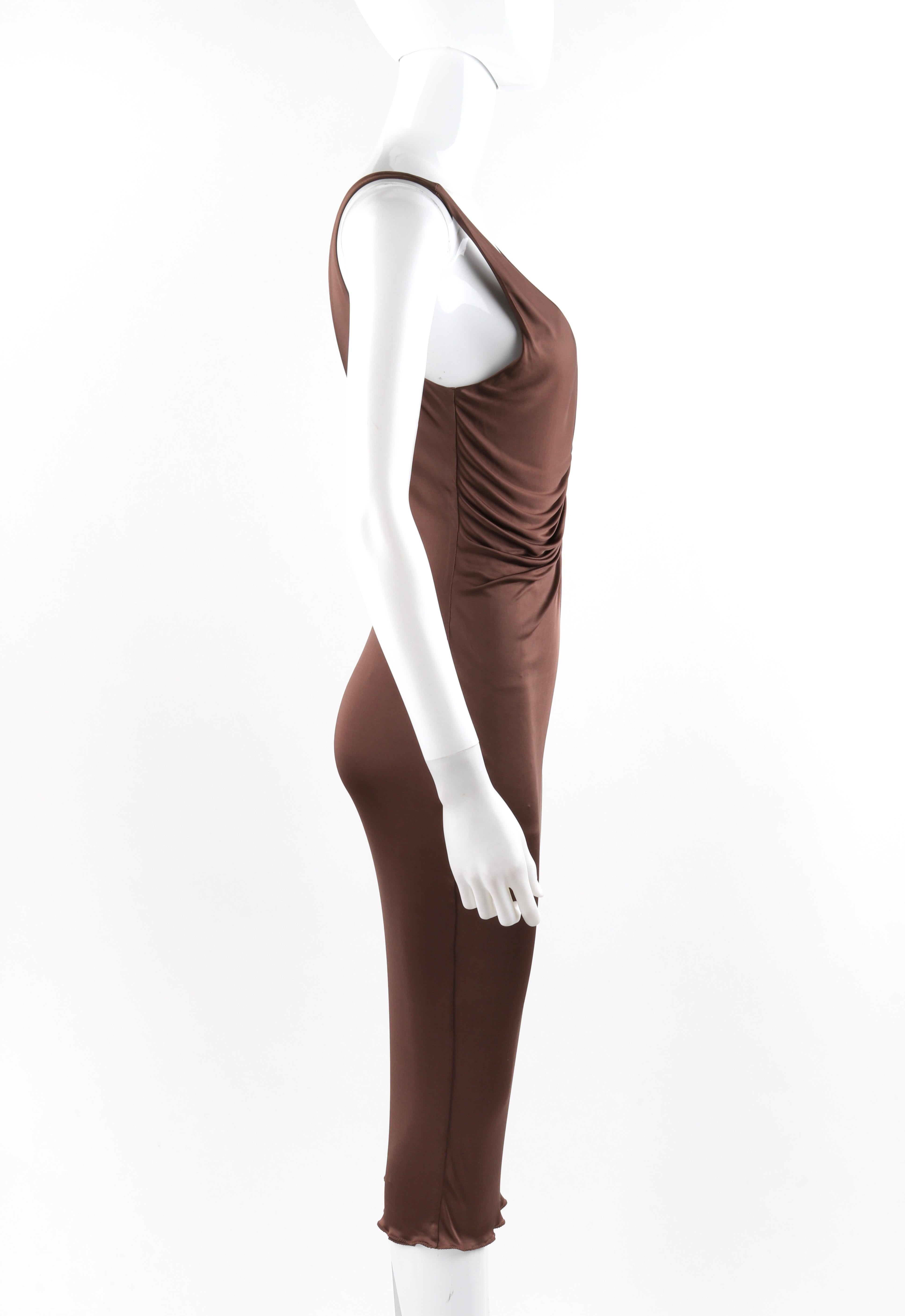 ALEXANDER McQUEEN S/S 1996 Brown Plunging Keyhole Neck Bodycon Midi Dress In Good Condition For Sale In Thiensville, WI