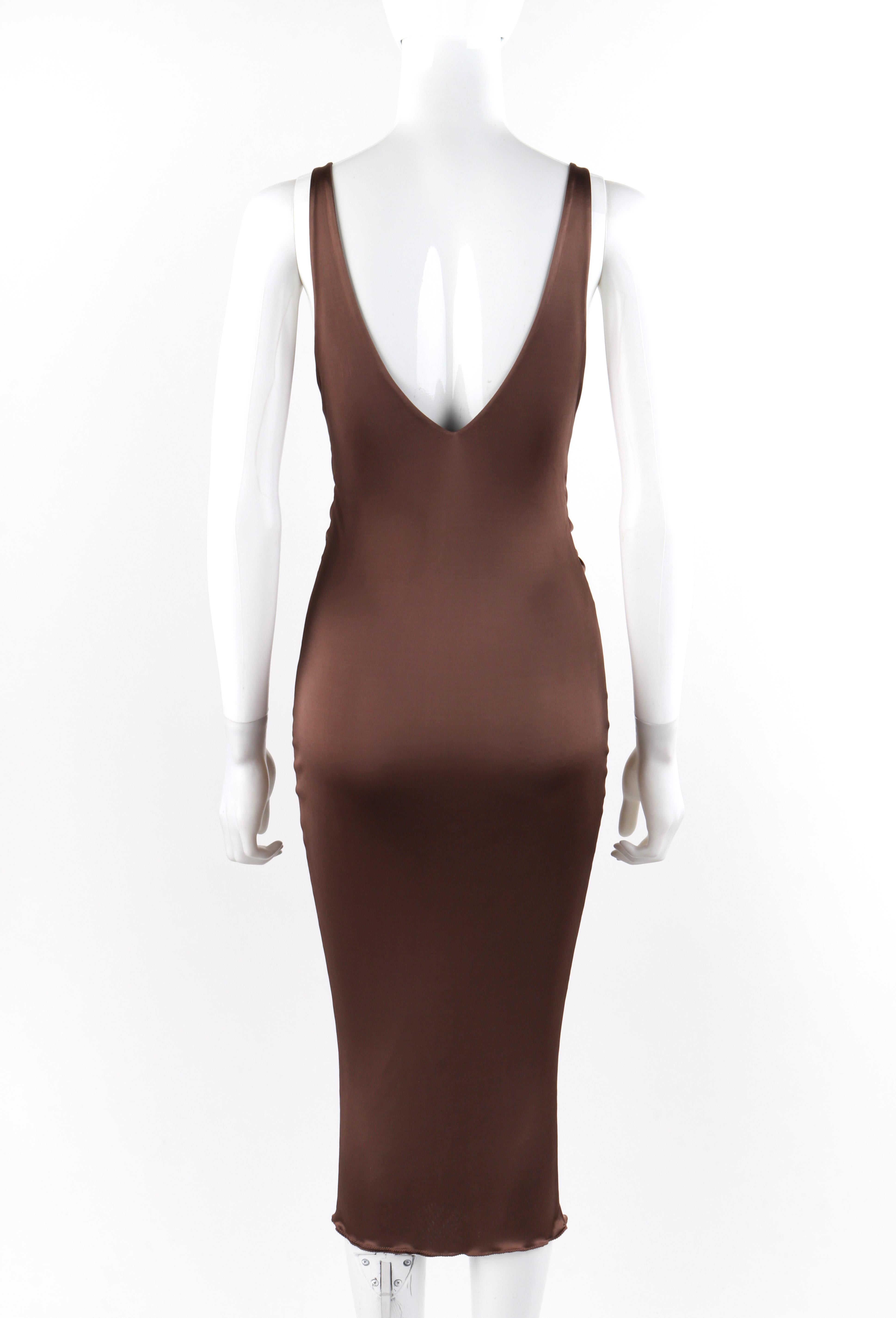 Women's ALEXANDER McQUEEN S/S 1996 Brown Plunging Keyhole Neck Bodycon Midi Dress For Sale