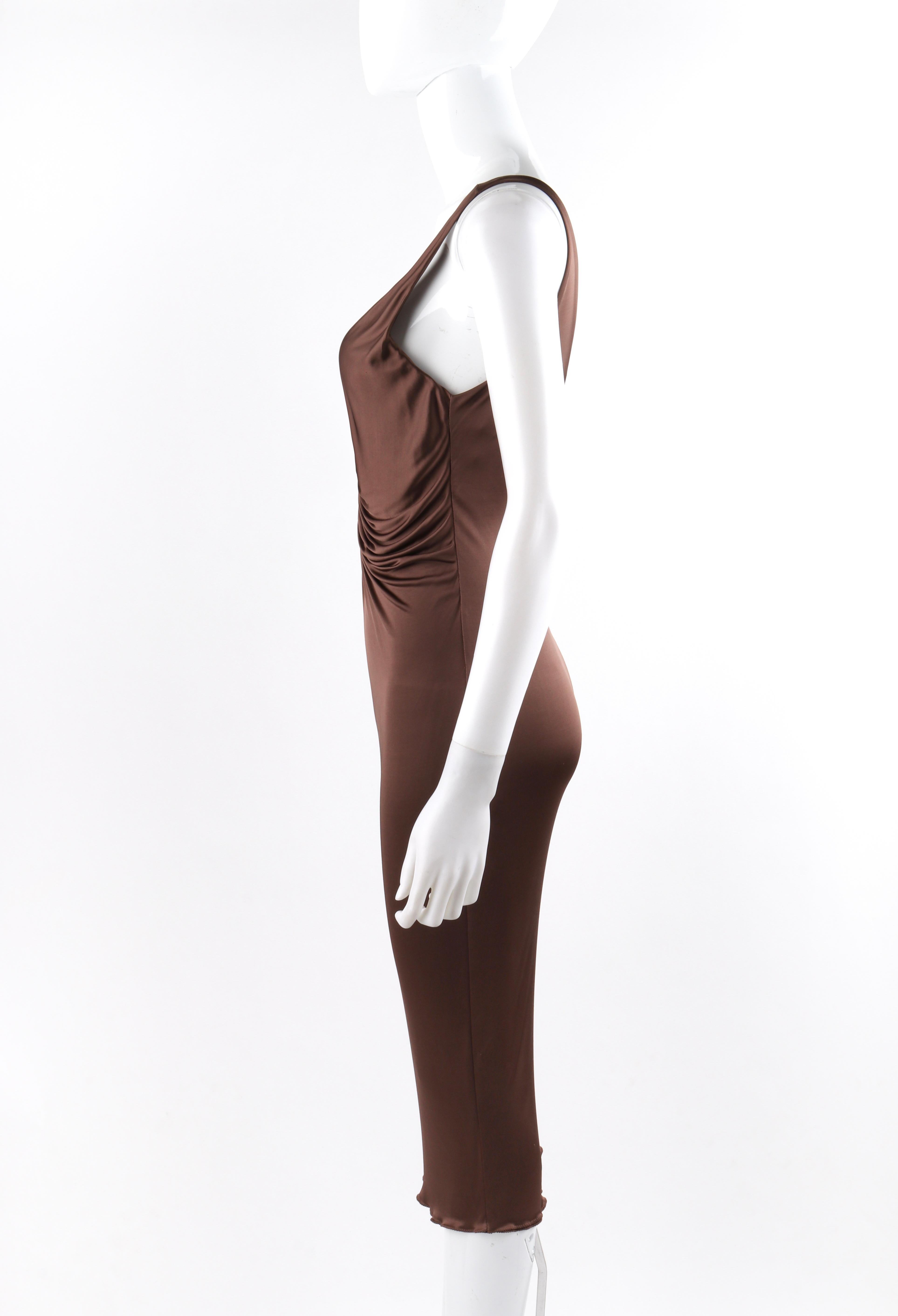 ALEXANDER McQUEEN S/S 1996 Brown Plunging Keyhole Neck Bodycon Midi Dress For Sale 1