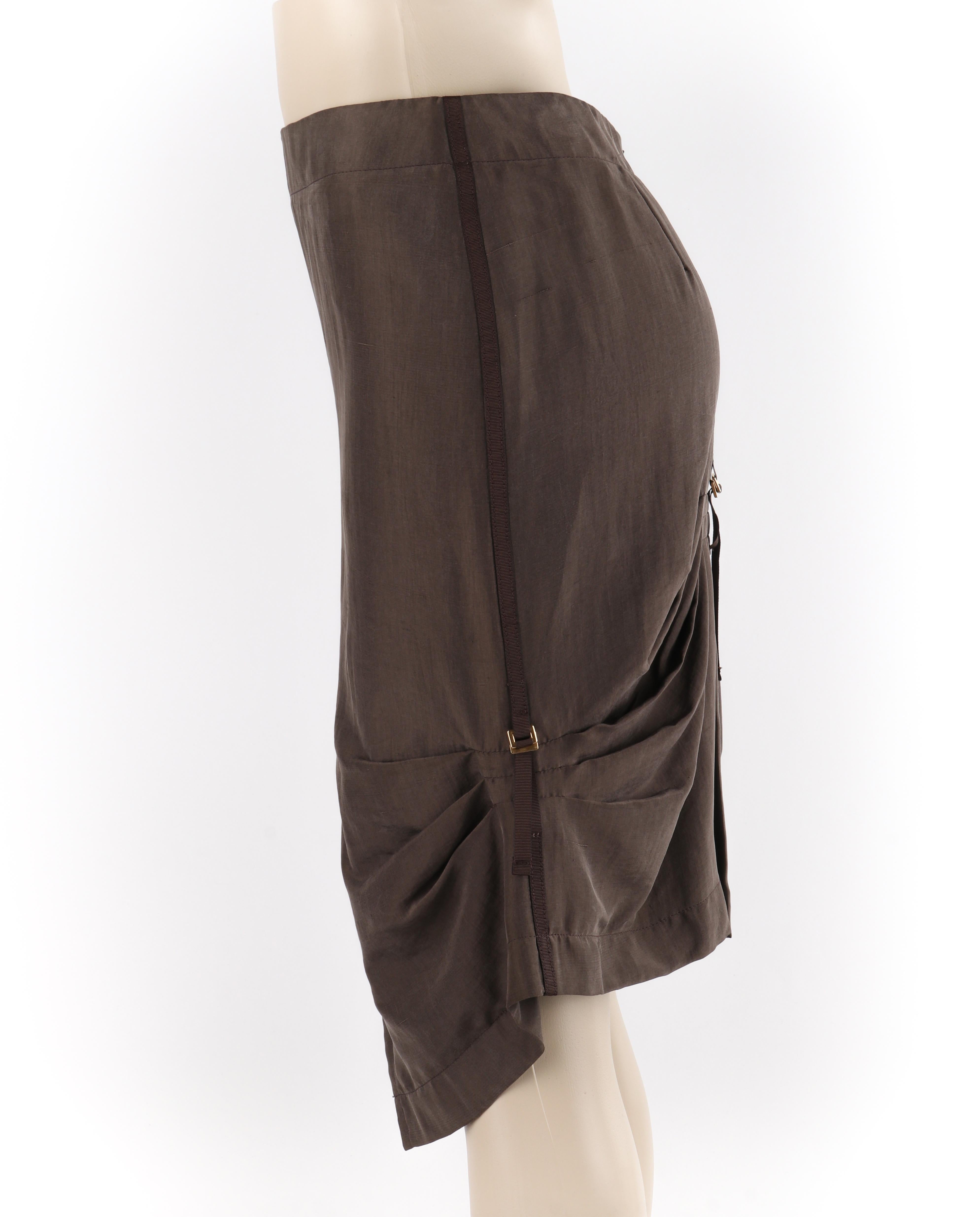 Black ALEXANDER McQUEEN S/S 1996 Brown Silk Horizontal Pleated Adjustable Pencil Skirt For Sale